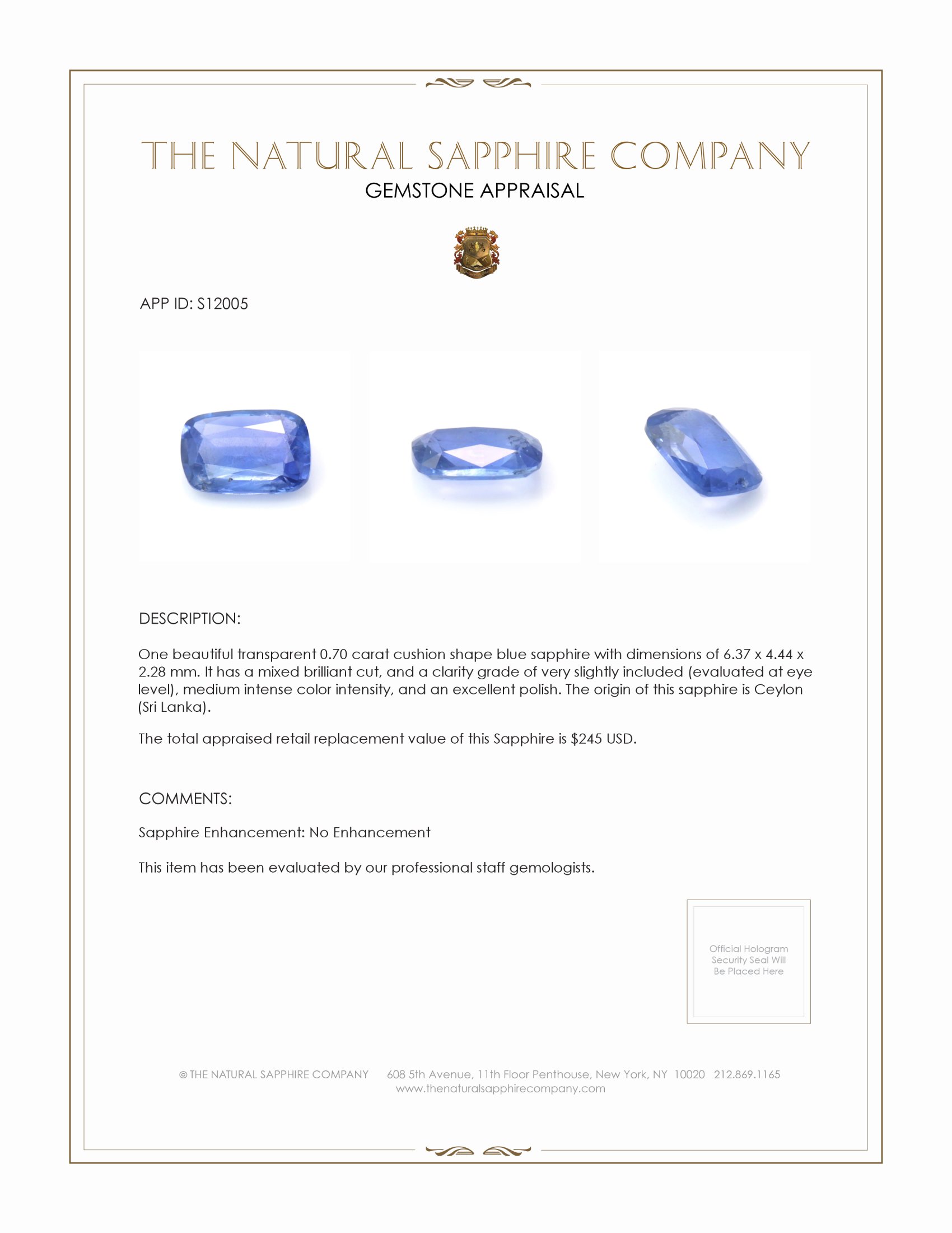 0.70 Ct. Blue Sapphire from Ceylon (Sri Lanka)