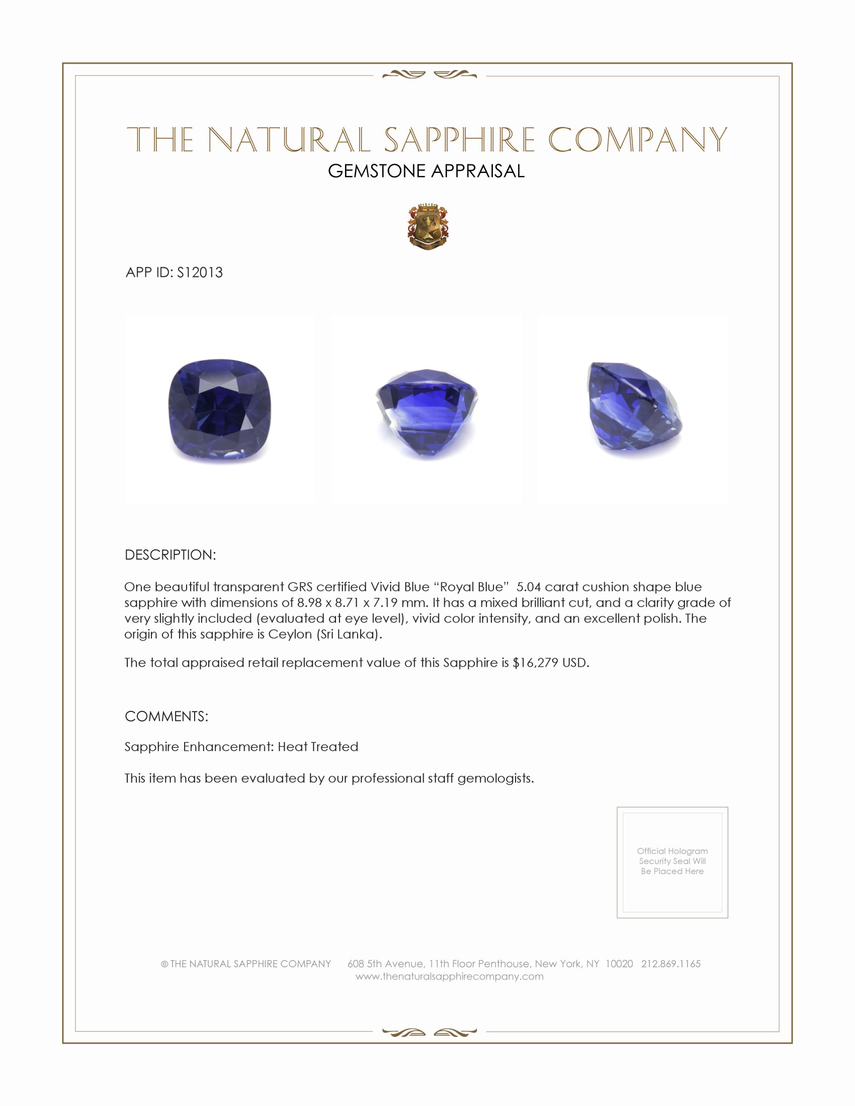5.04 Ct. Blue Sapphire from Ceylon (Sri Lanka)