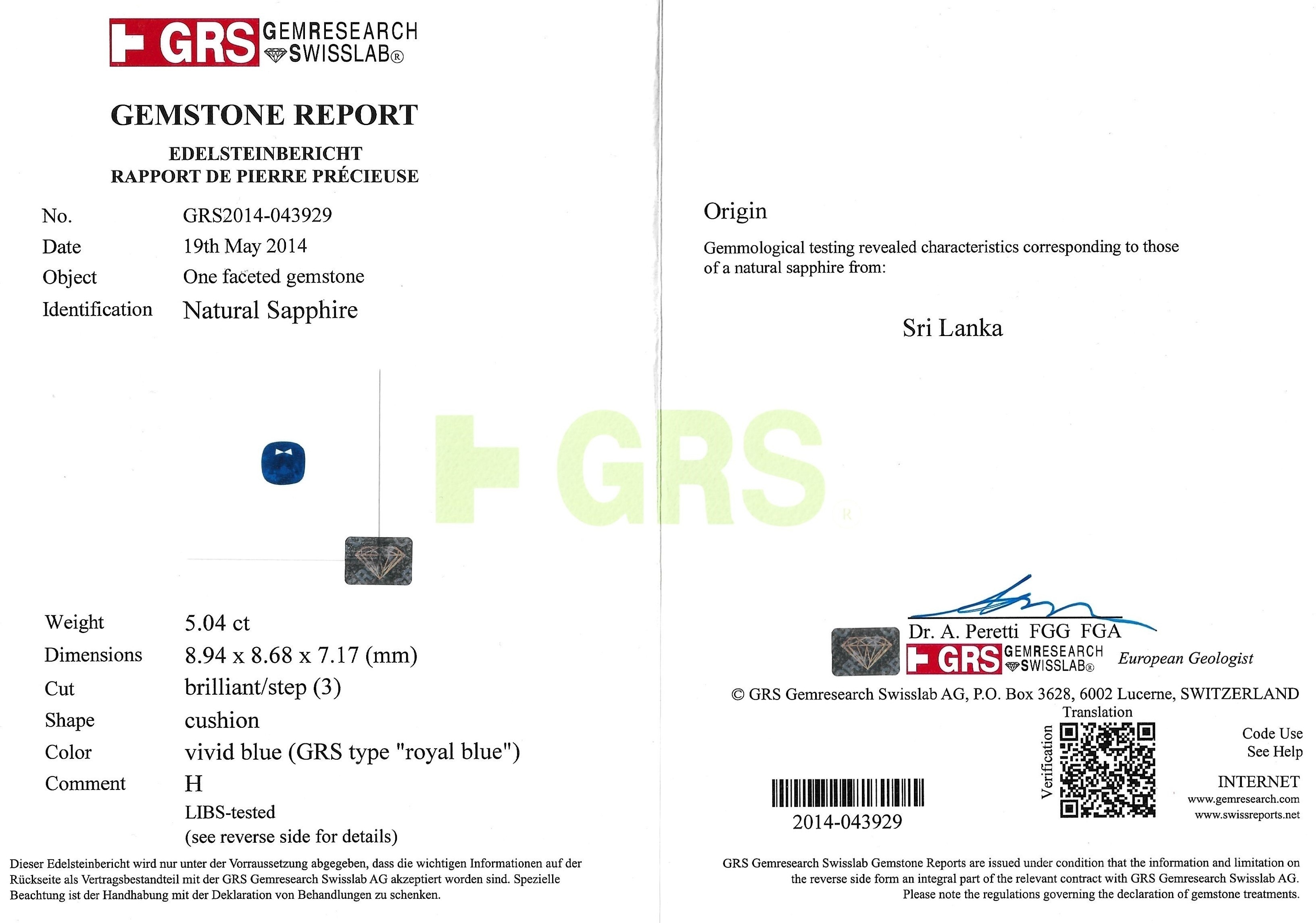 5.04 Ct. Blue Sapphire from Ceylon (Sri Lanka)