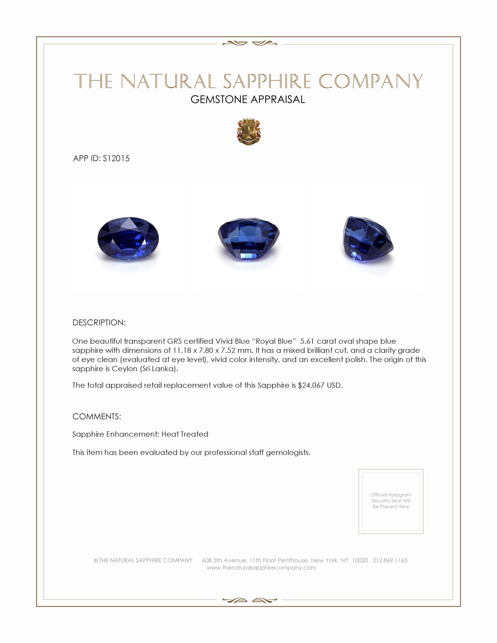 5.61 Ct. Blue Sapphire from Ceylon (Sri Lanka)
