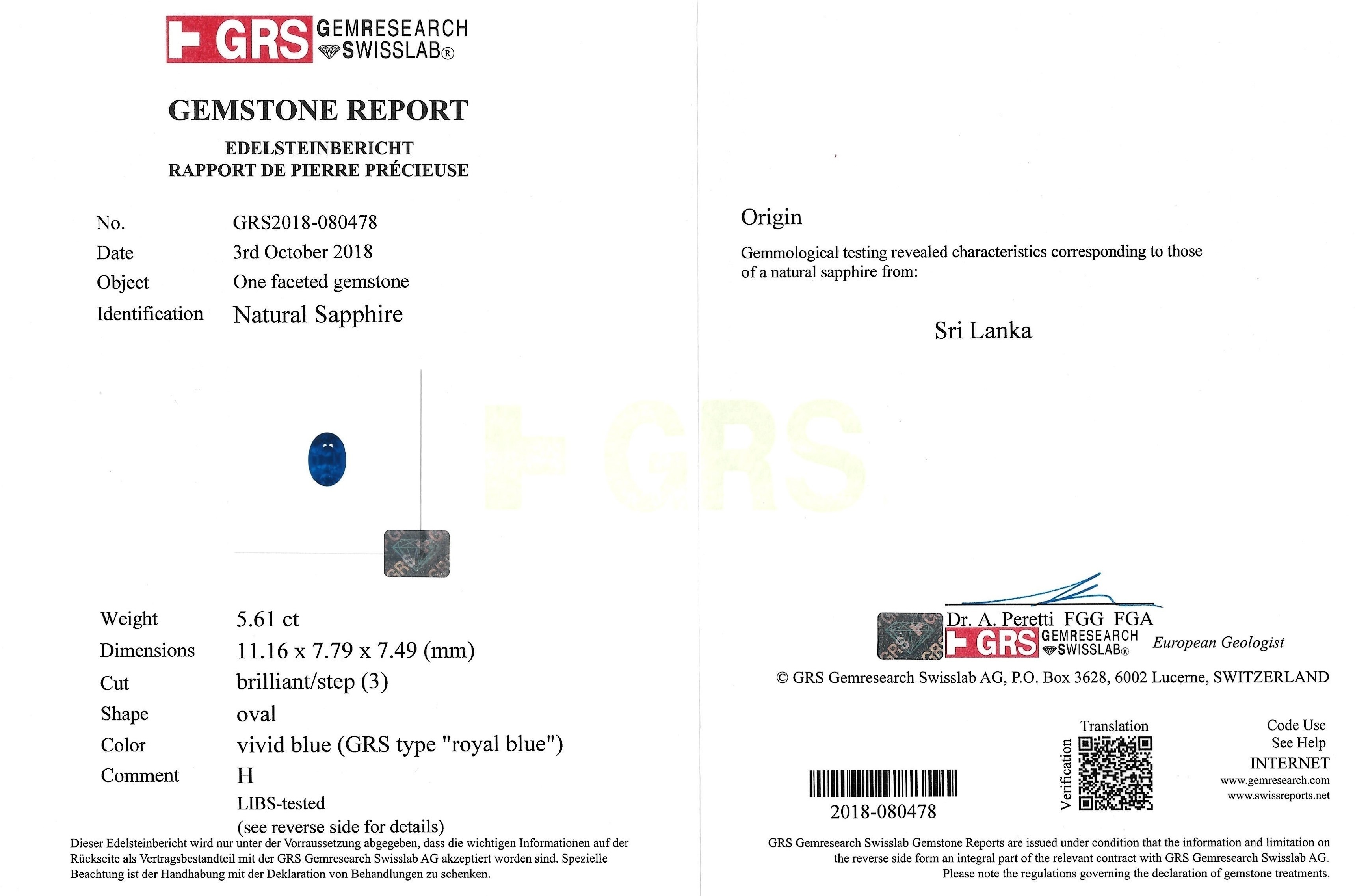 5.61 Ct. Blue Sapphire from Ceylon (Sri Lanka)