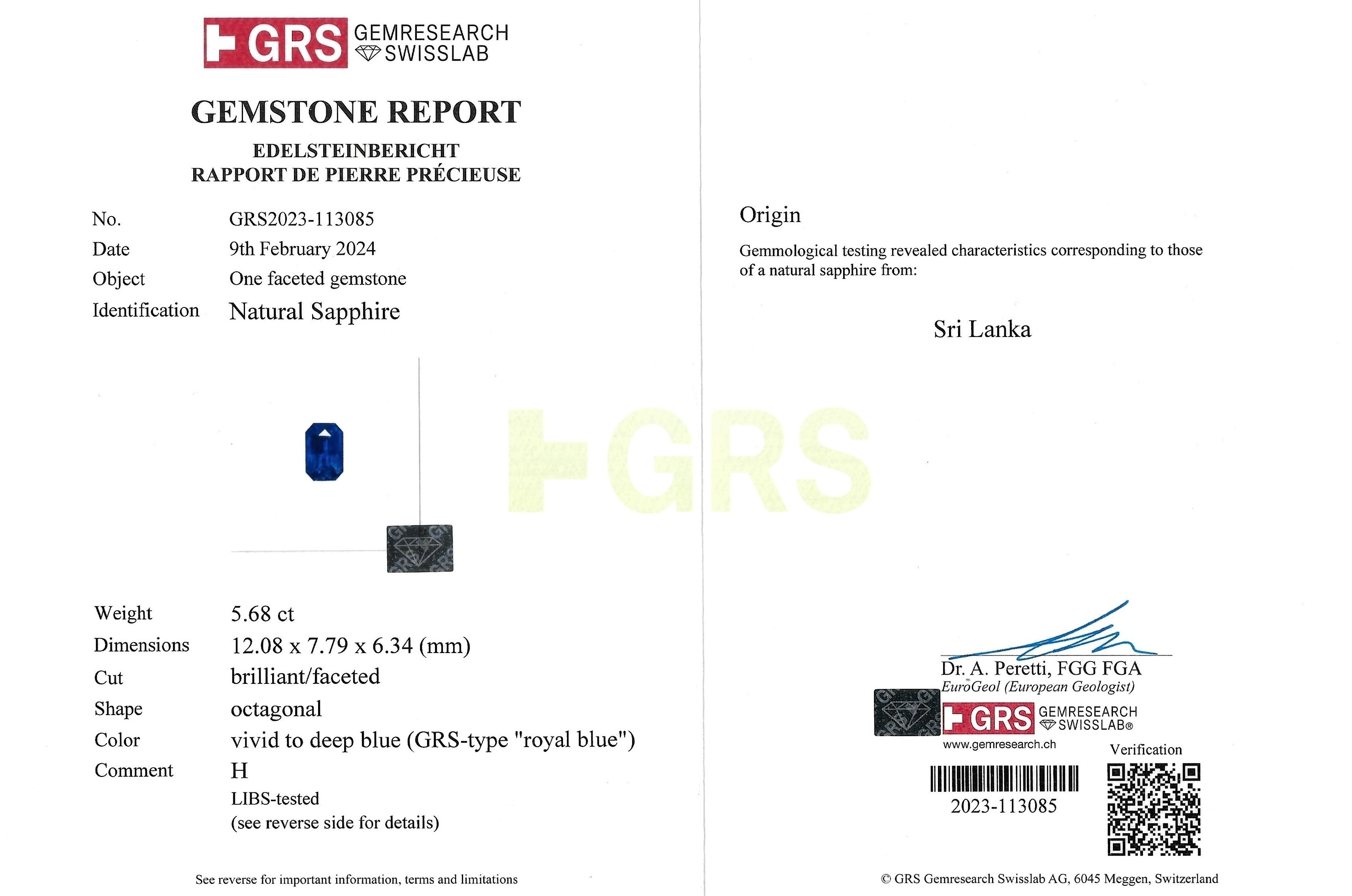 5.68 Ct. Blue Sapphire from Ceylon (Sri Lanka)