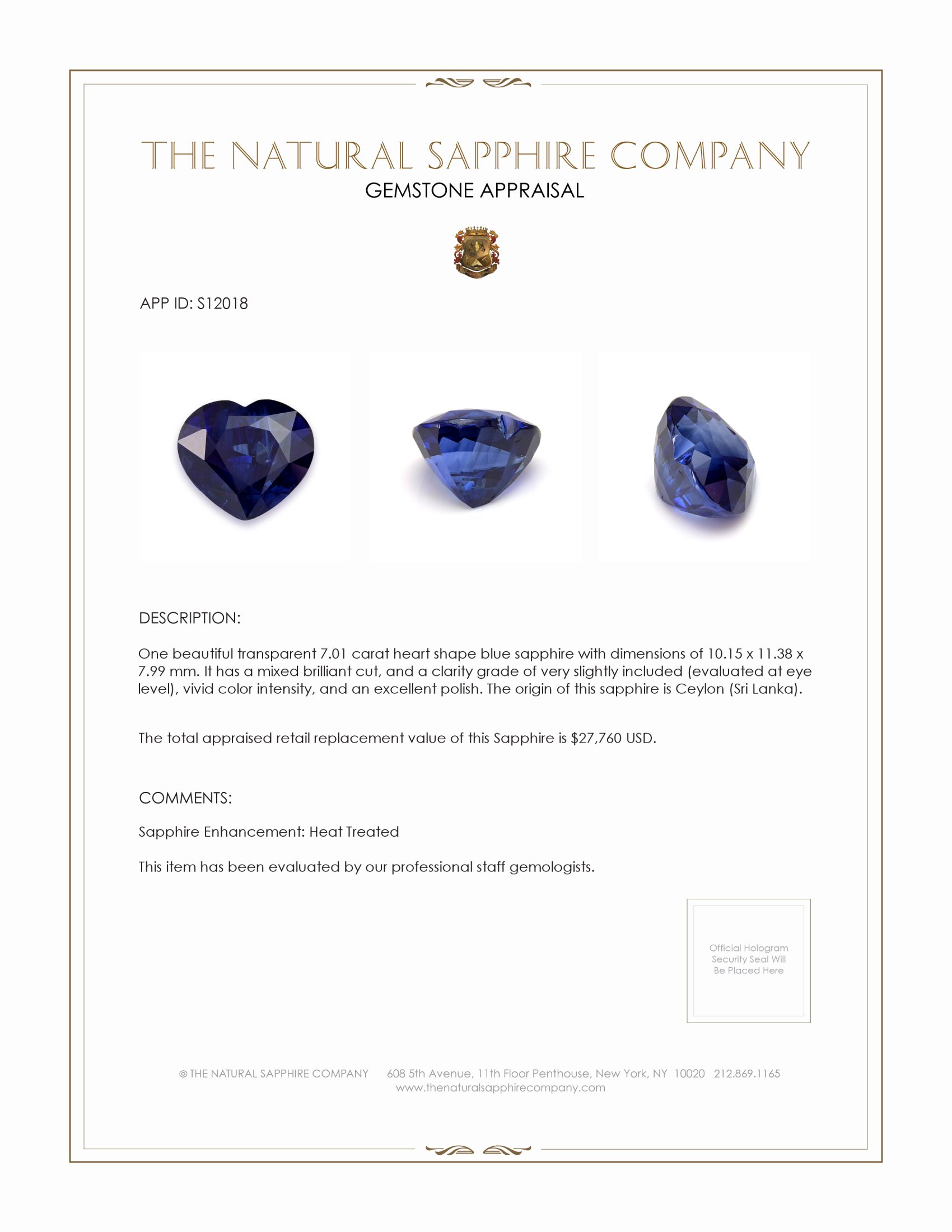 7.01 Ct. Blue Sapphire from Ceylon (Sri Lanka)