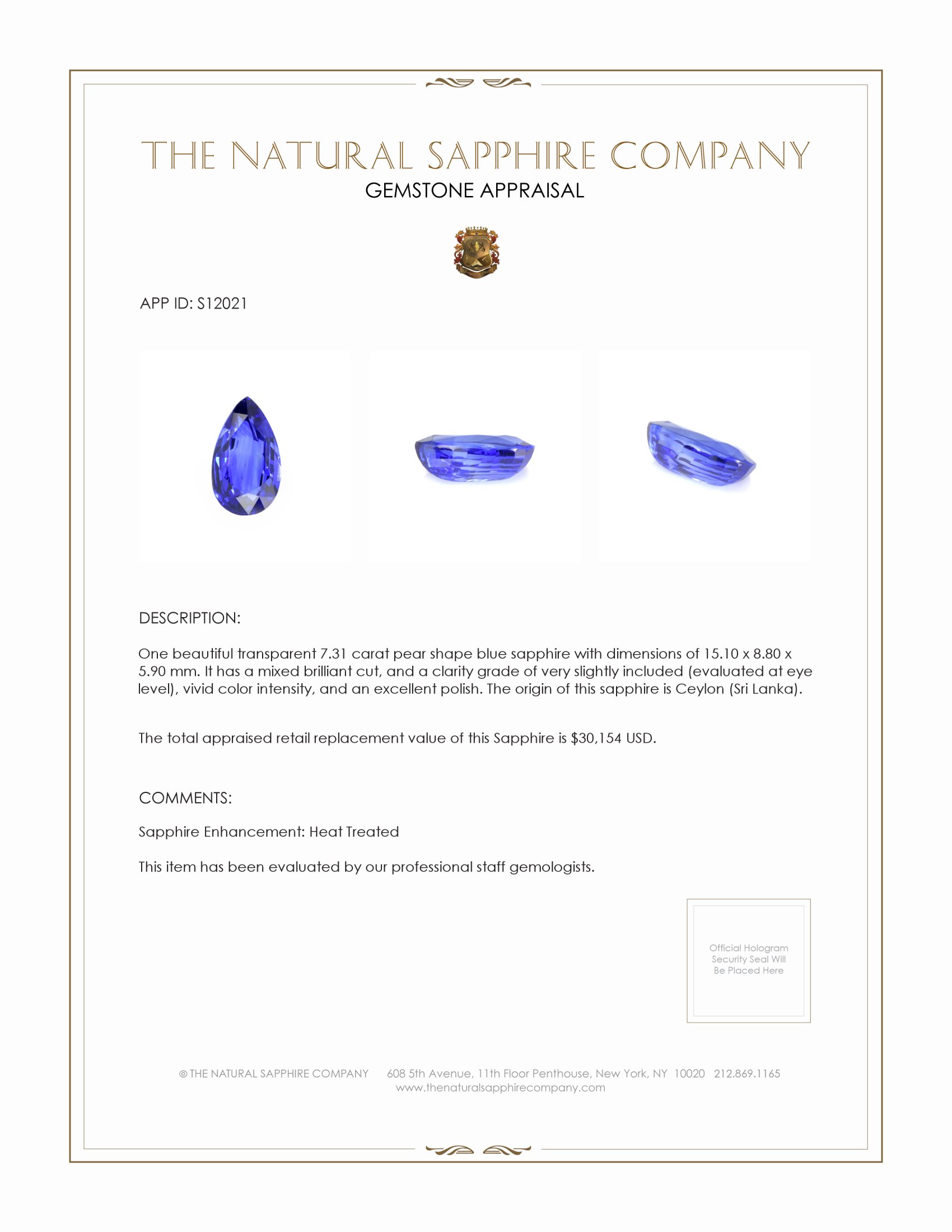 7.31 Ct. Blue Sapphire from Ceylon (Sri Lanka)