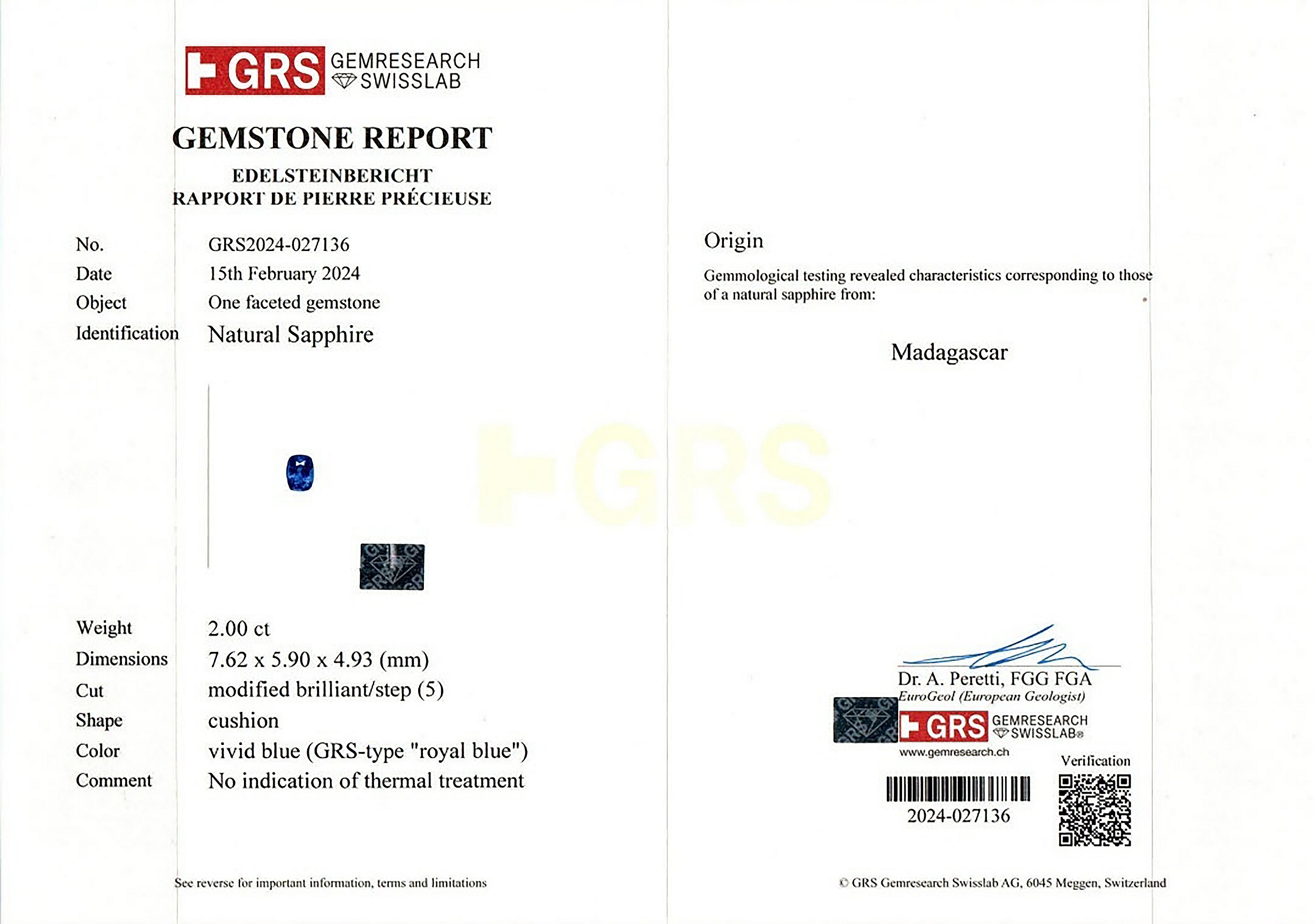 2.00 Ct. Blue Sapphire from Madagascar