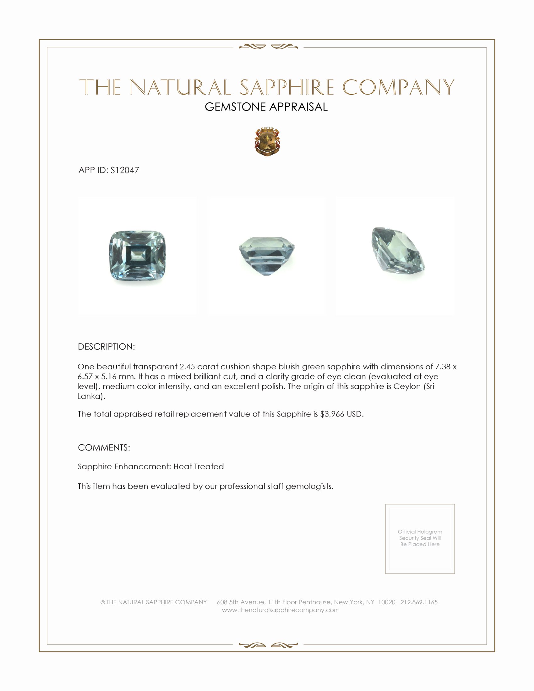 2.45 Ct. Greenish Blue Sapphire from Ceylon (Sri Lanka)