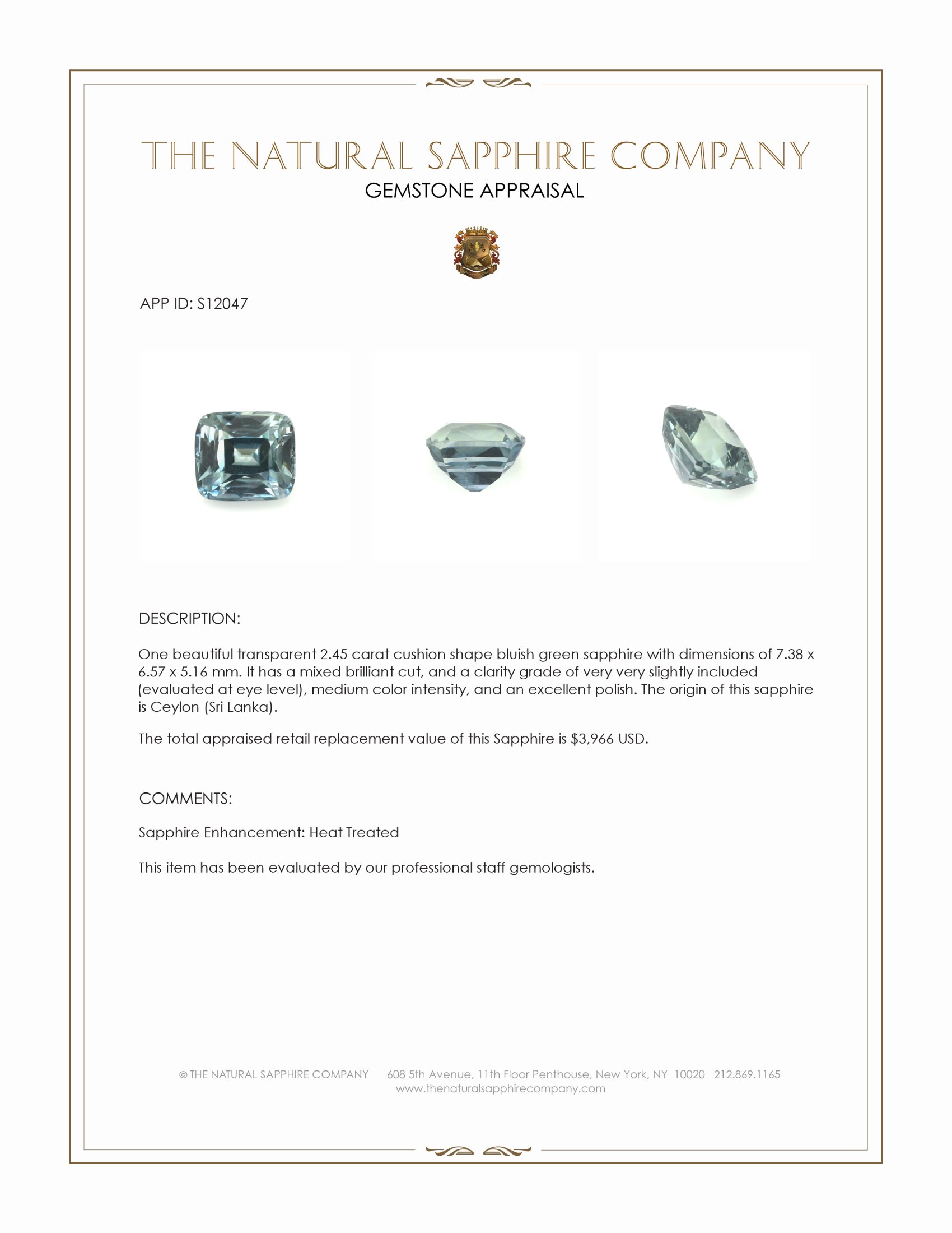 2.45 Ct. Bluish Green Sapphire from Ceylon (Sri Lanka)
