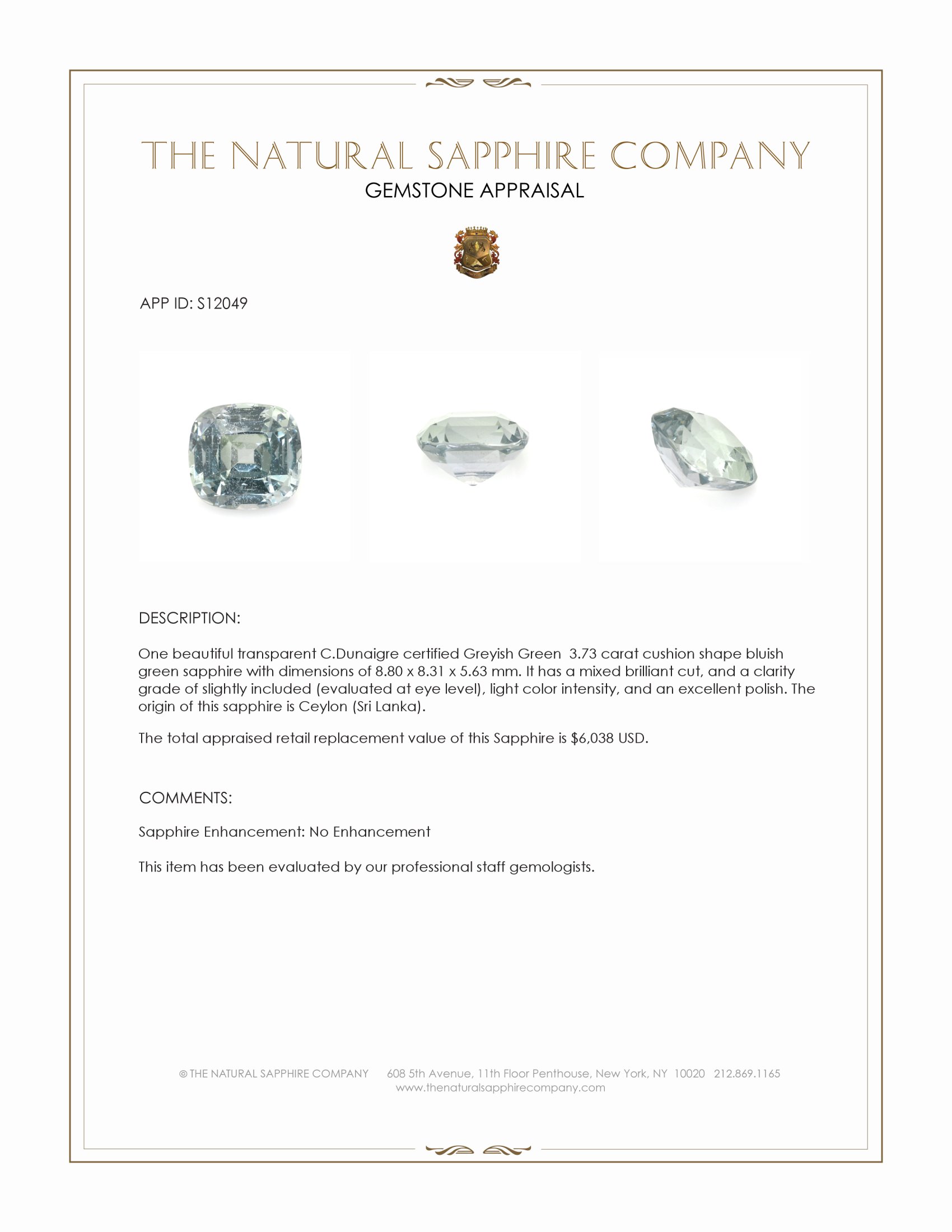 3.73 Ct. Bluish Green Sapphire from Ceylon (Sri Lanka)