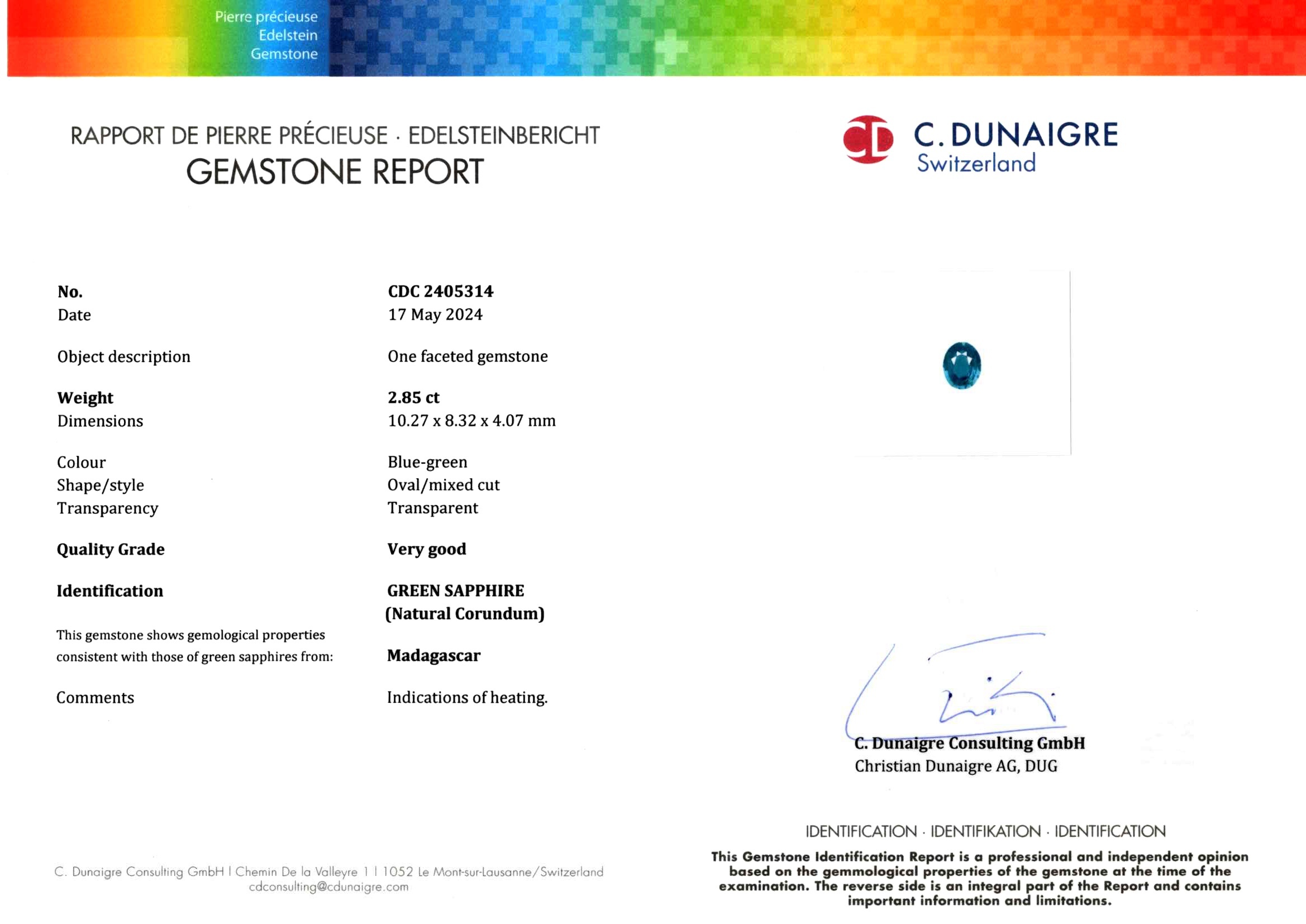 2.85 Ct. Bluish Green Sapphire from Ceylon (Sri Lanka)