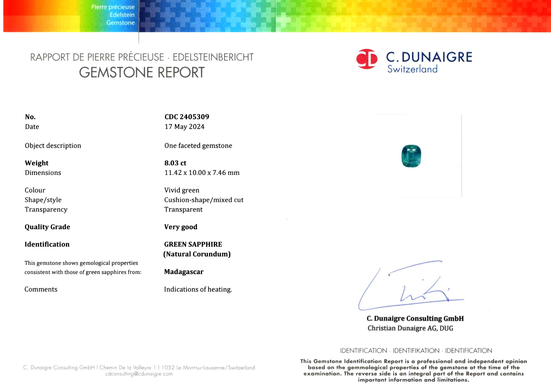 8.03 Ct. Bluish Green Sapphire from Ceylon (Sri Lanka)