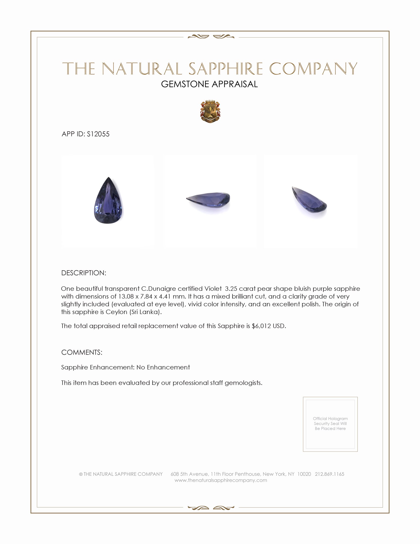 3.25 Ct. Bluish Purple Sapphire from Ceylon (Sri Lanka)