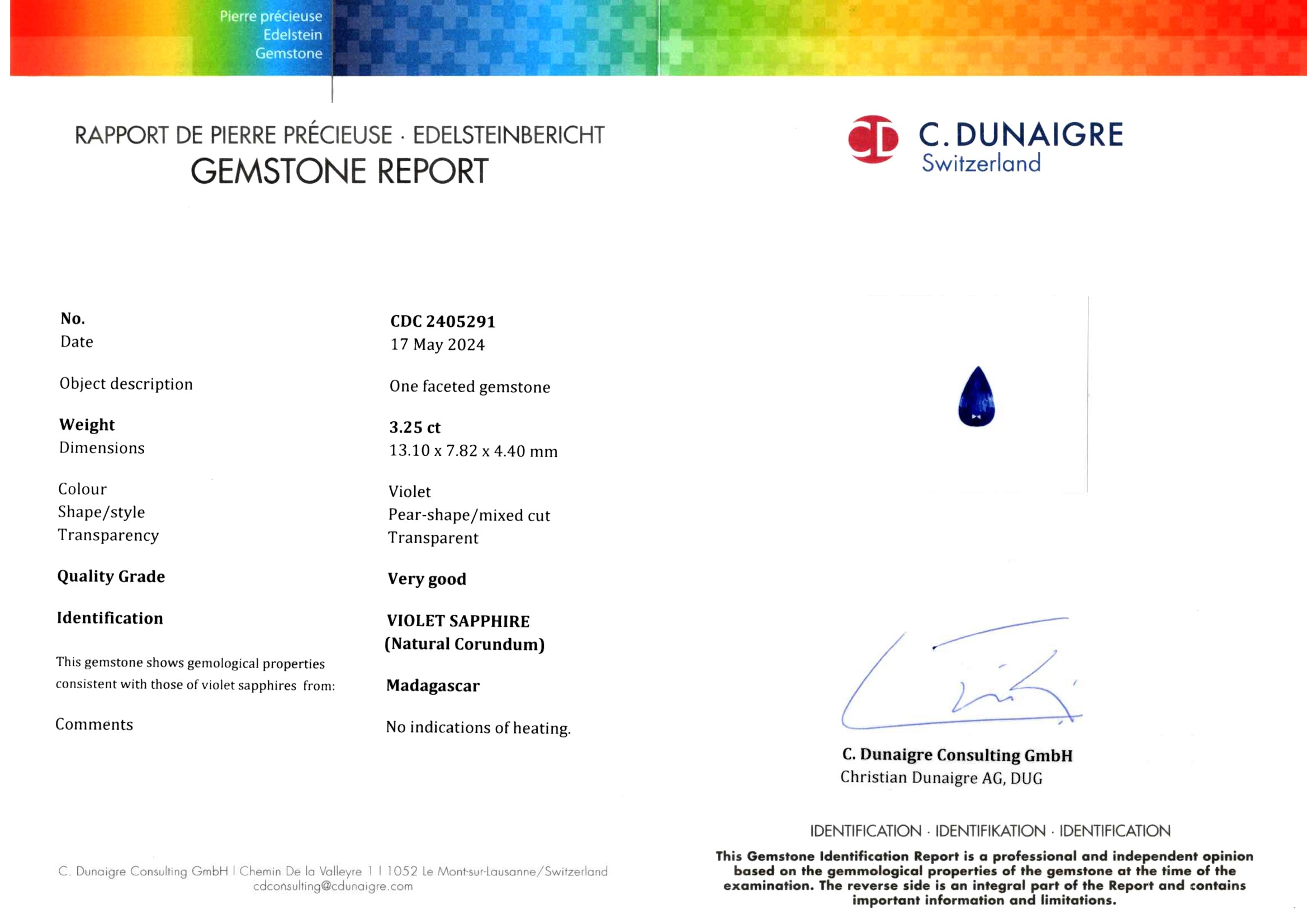 3.25 Ct. Bluish Purple Sapphire from Ceylon (Sri Lanka)