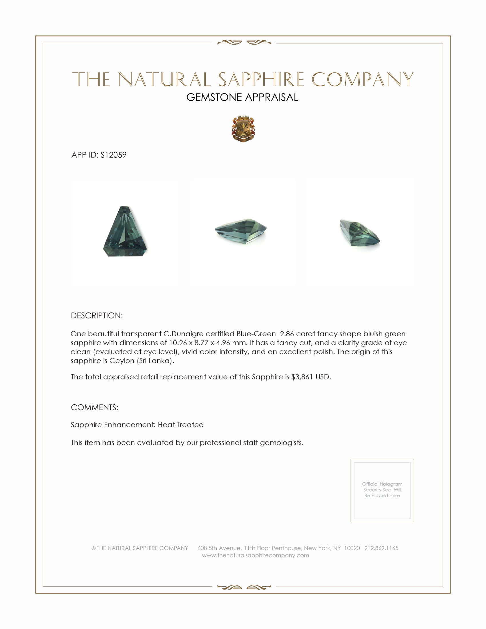 2.86 Ct. Bluish Green Sapphire from Ceylon (Sri Lanka)
