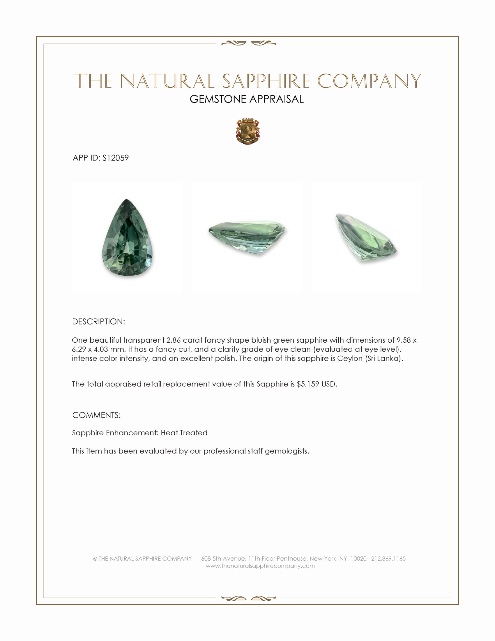 2.86 Ct. Bluish Green Sapphire from Ceylon (Sri Lanka)