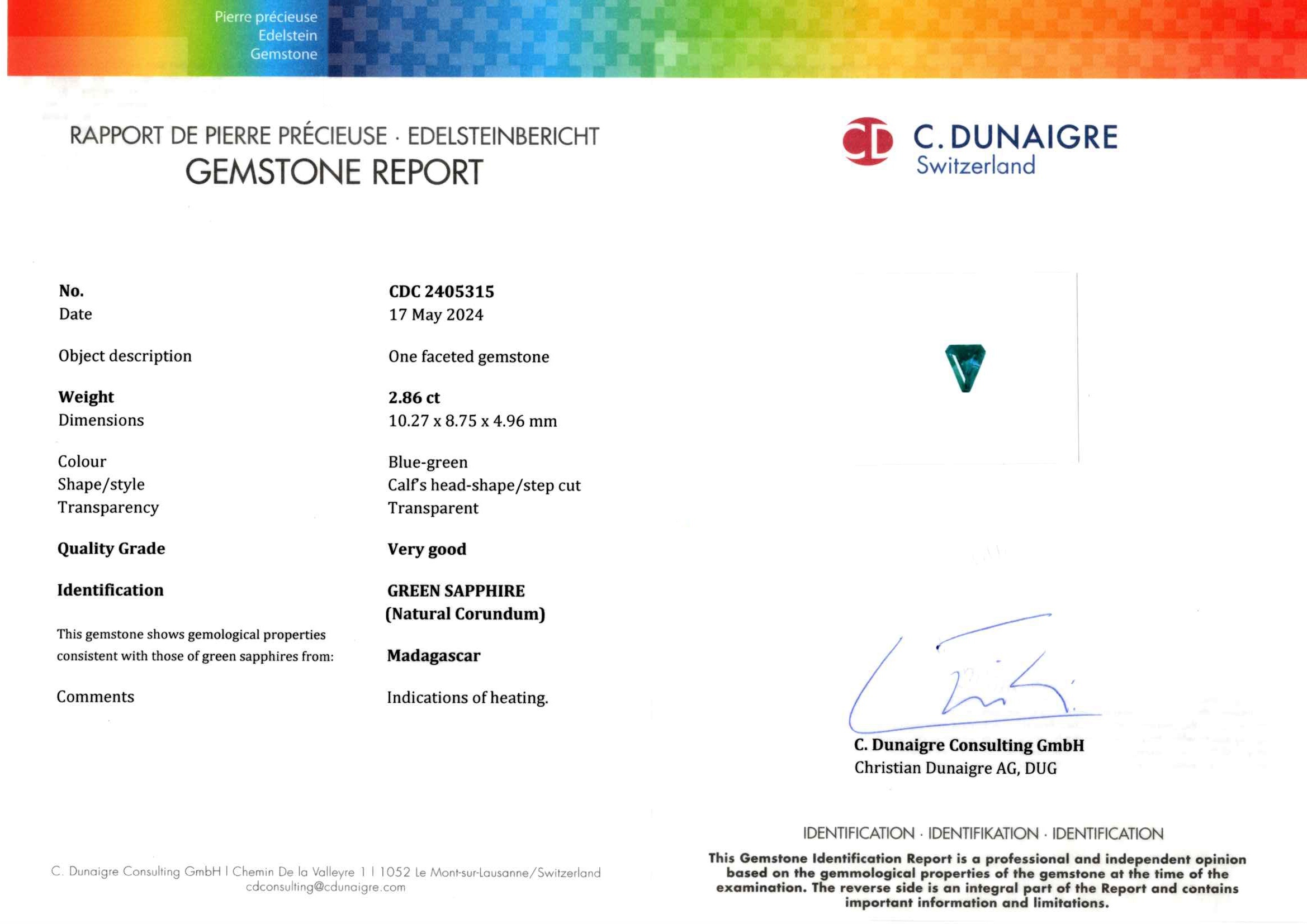 2.86 Ct. Bluish Green Sapphire from Ceylon (Sri Lanka)