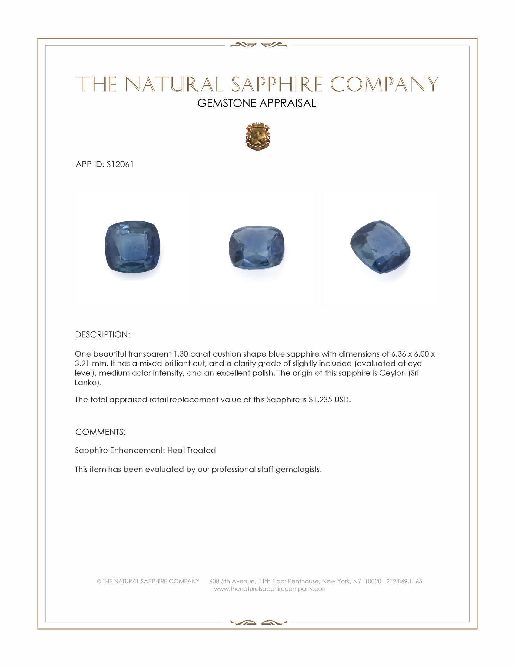 1.30 Ct. Blue Sapphire from Ceylon (Sri Lanka)