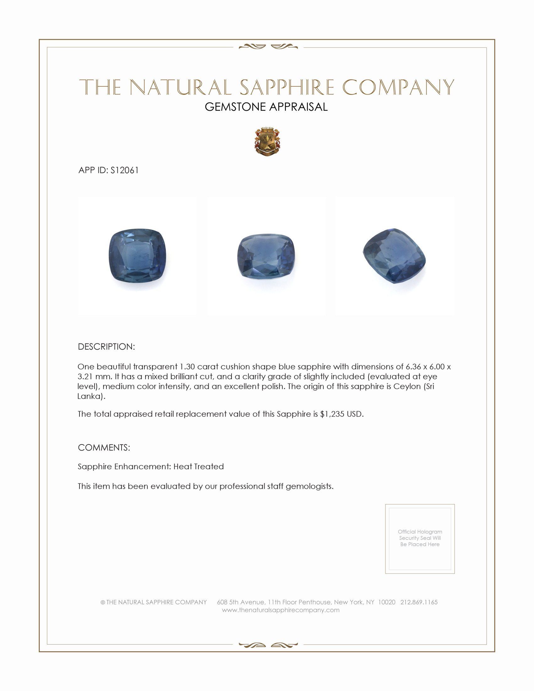 1.30 Ct. Blue Sapphire from Ceylon (Sri Lanka)