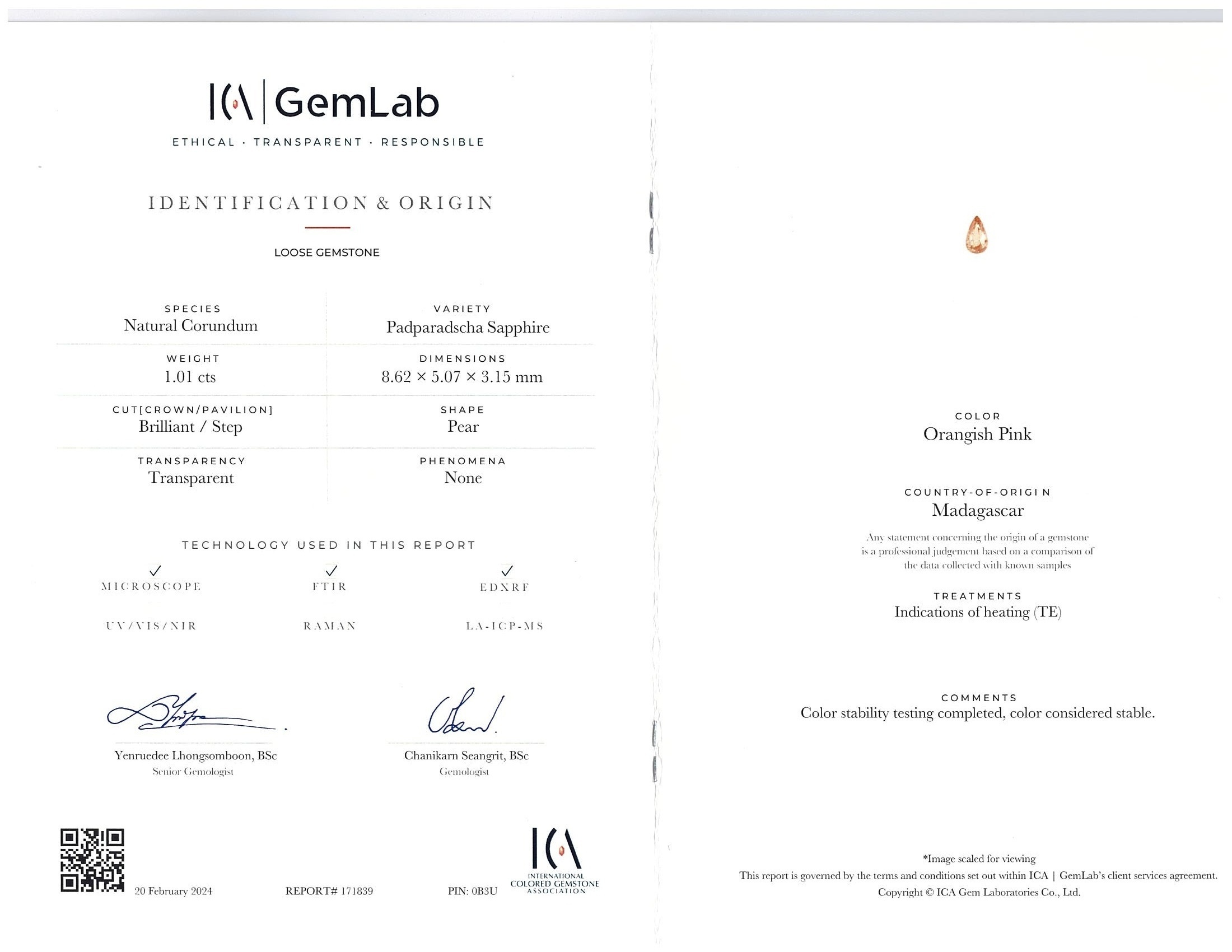 1.01 Ct. Padparadscha Sapphire from Madagascar