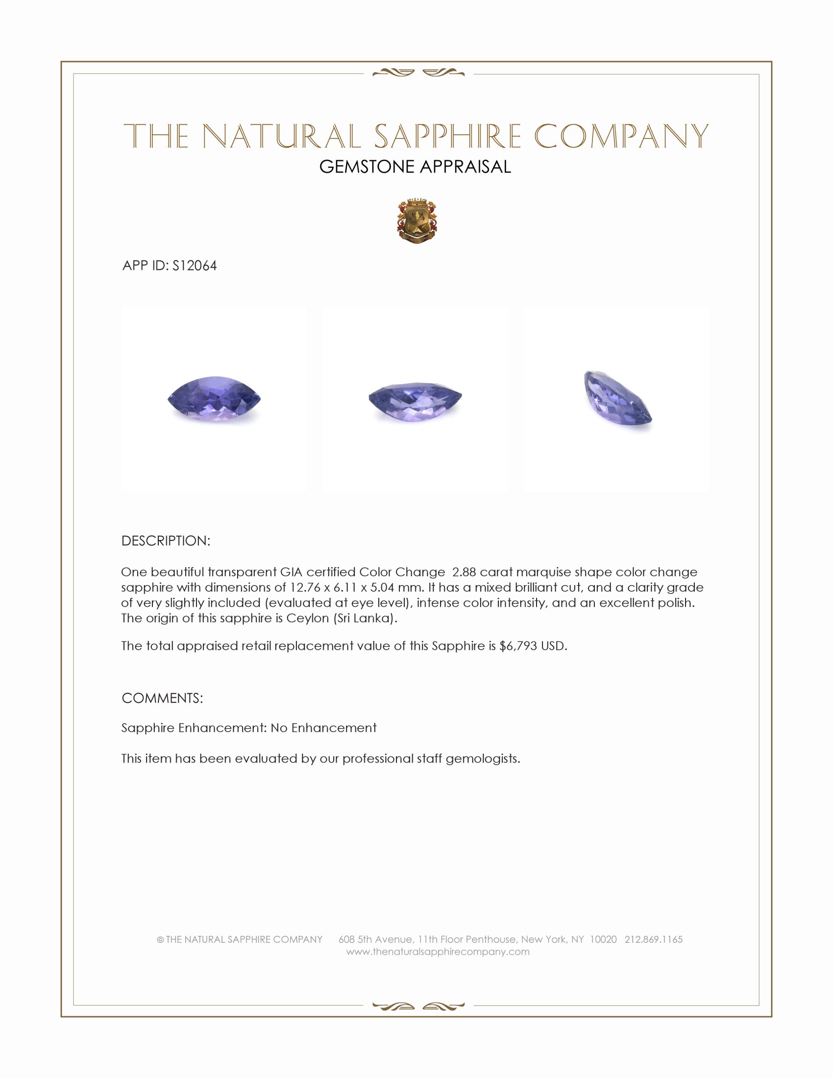 2.88 Ct. Color Change Sapphire from Ceylon (Sri Lanka)