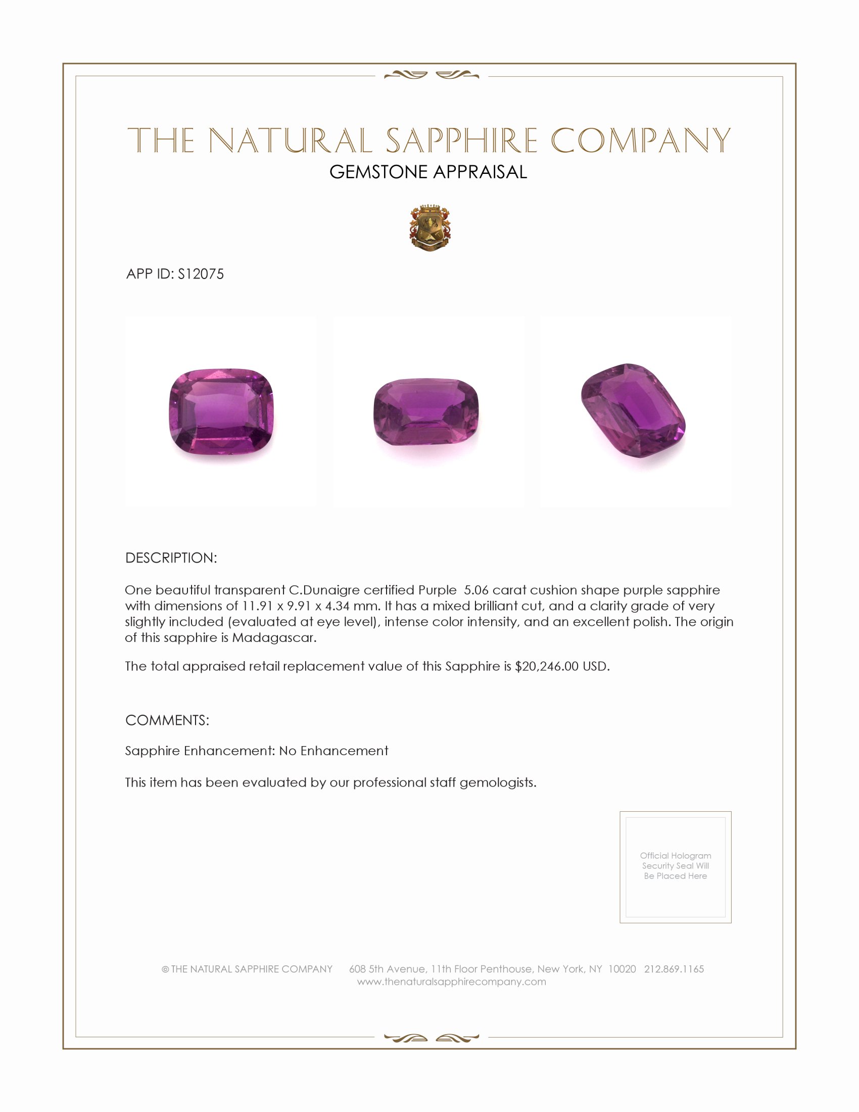 5.06 Ct. Purple Sapphire from Madagascar