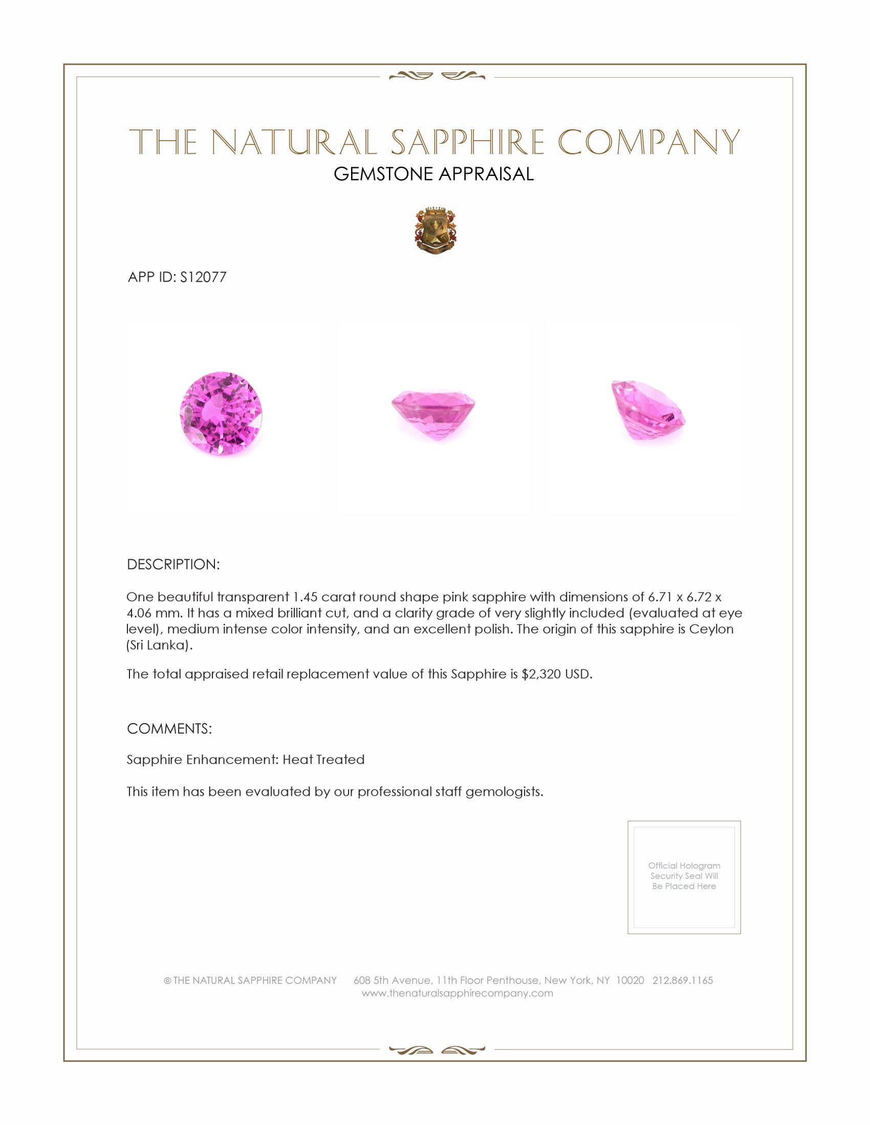 1.45 Ct. Pink Sapphire from Ceylon (Sri Lanka)