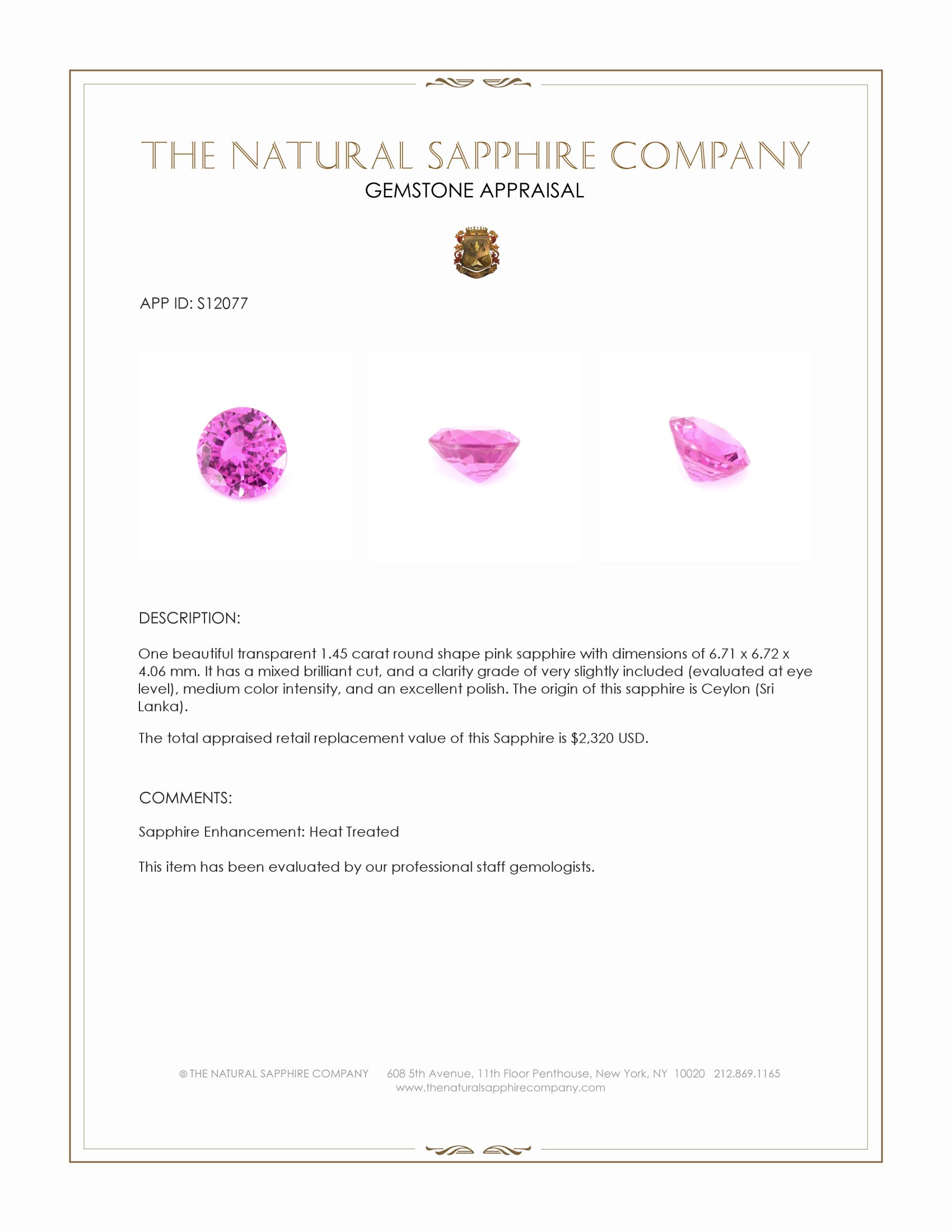 1.45 Ct. Pink Sapphire from Ceylon (Sri Lanka)