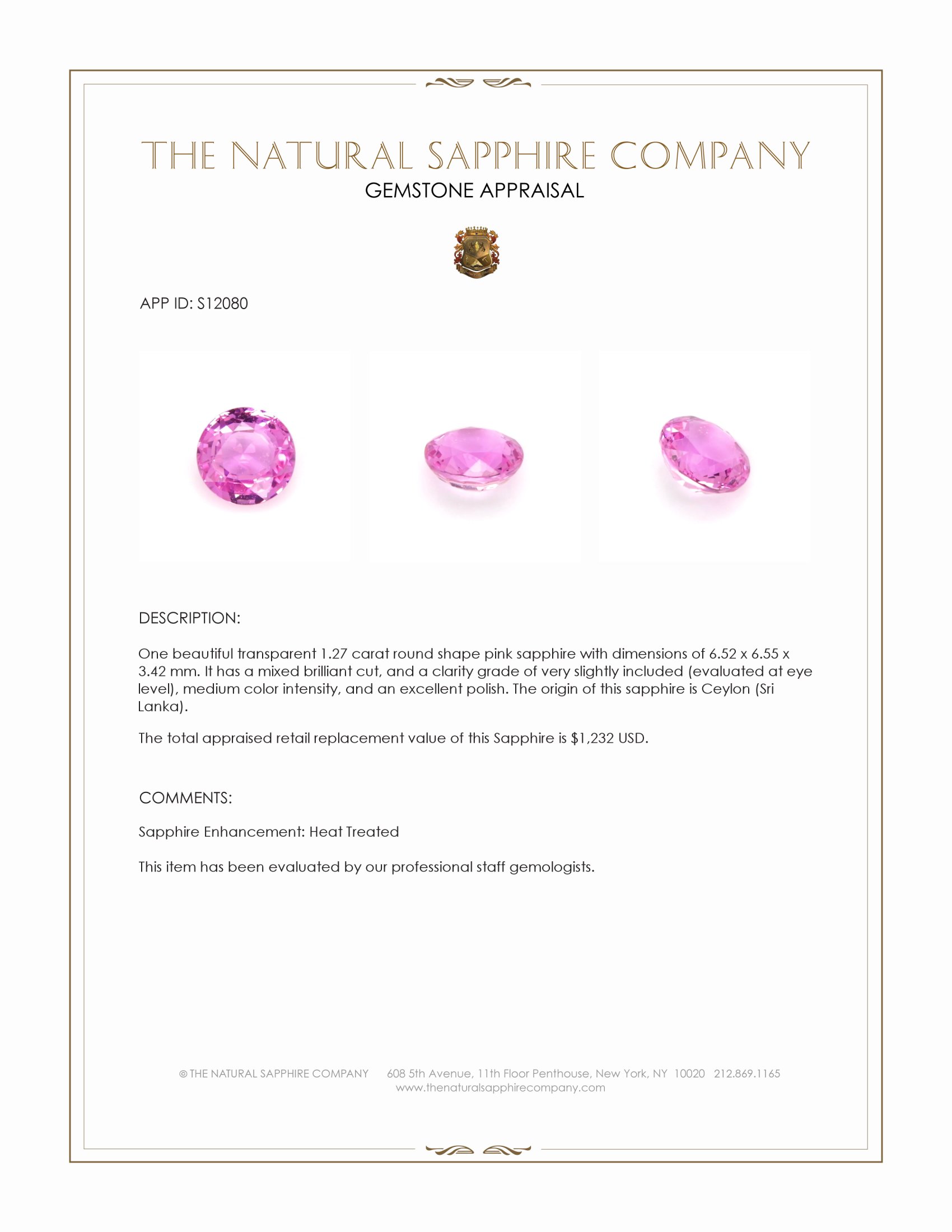 1.27 Ct. Pink Sapphire from Ceylon (Sri Lanka)