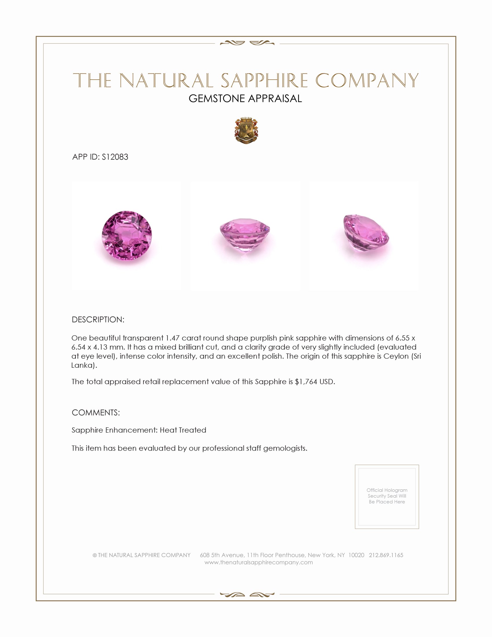 1.47 Ct. Purplish Pink Sapphire from Ceylon (Sri Lanka)
