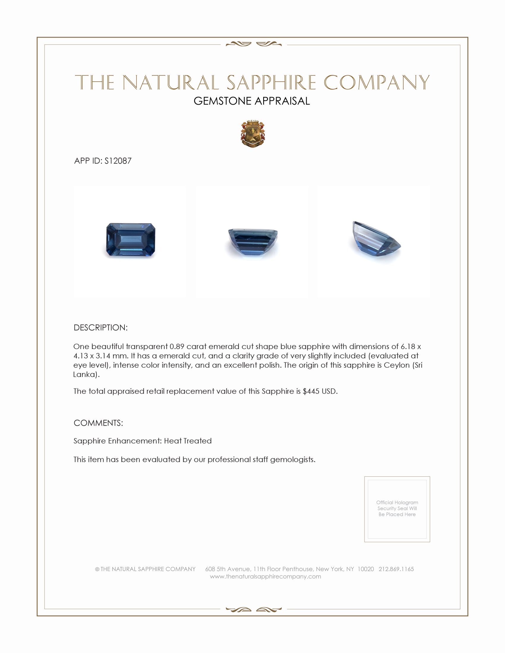 0.89 Ct. Blue Sapphire from Ceylon (Sri Lanka)