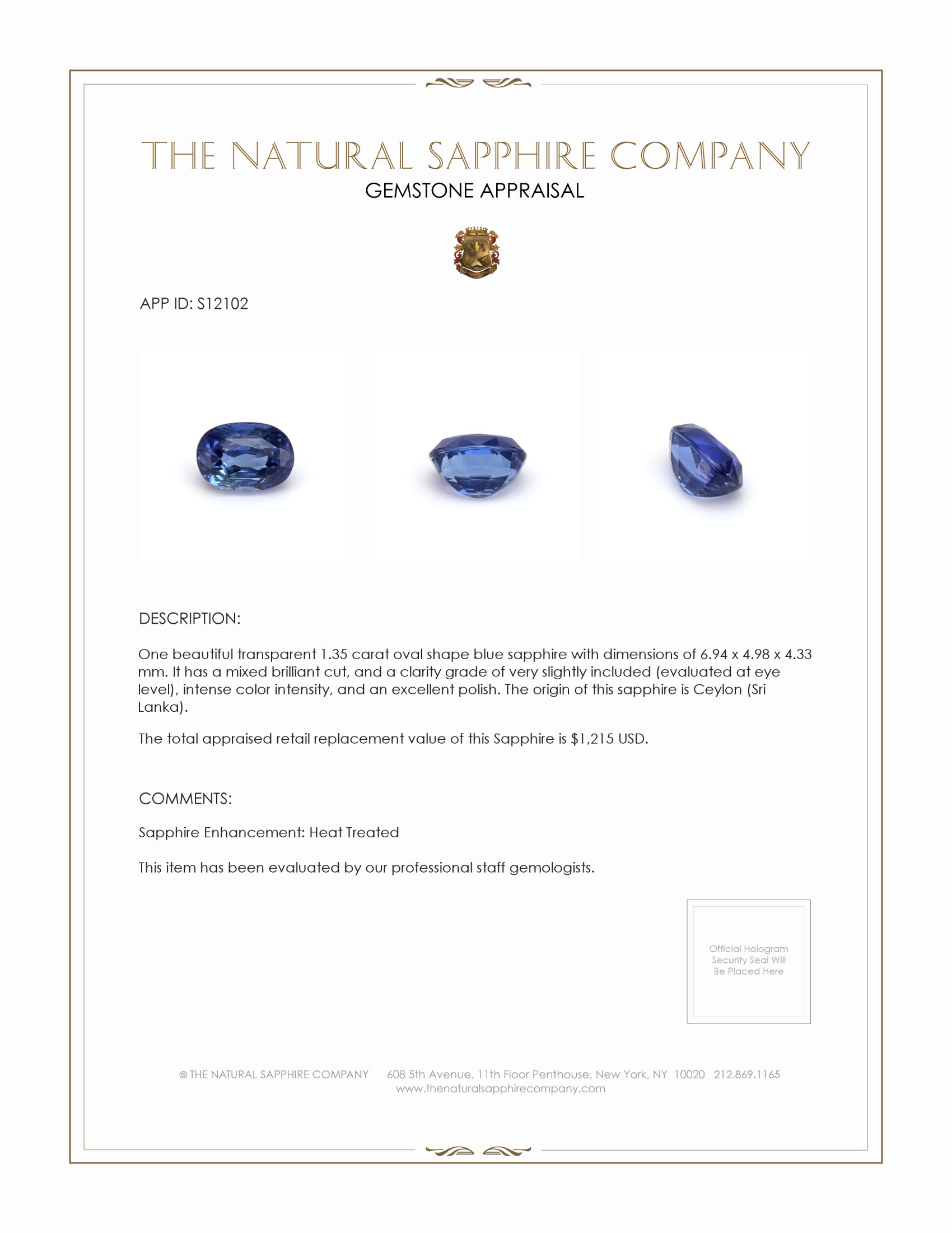 1.35 Ct. Blue Sapphire from Ceylon (Sri Lanka)