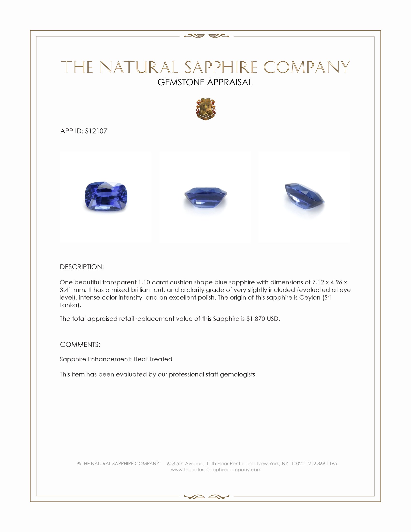 1.10 Ct. Blue Sapphire from Ceylon (Sri Lanka)