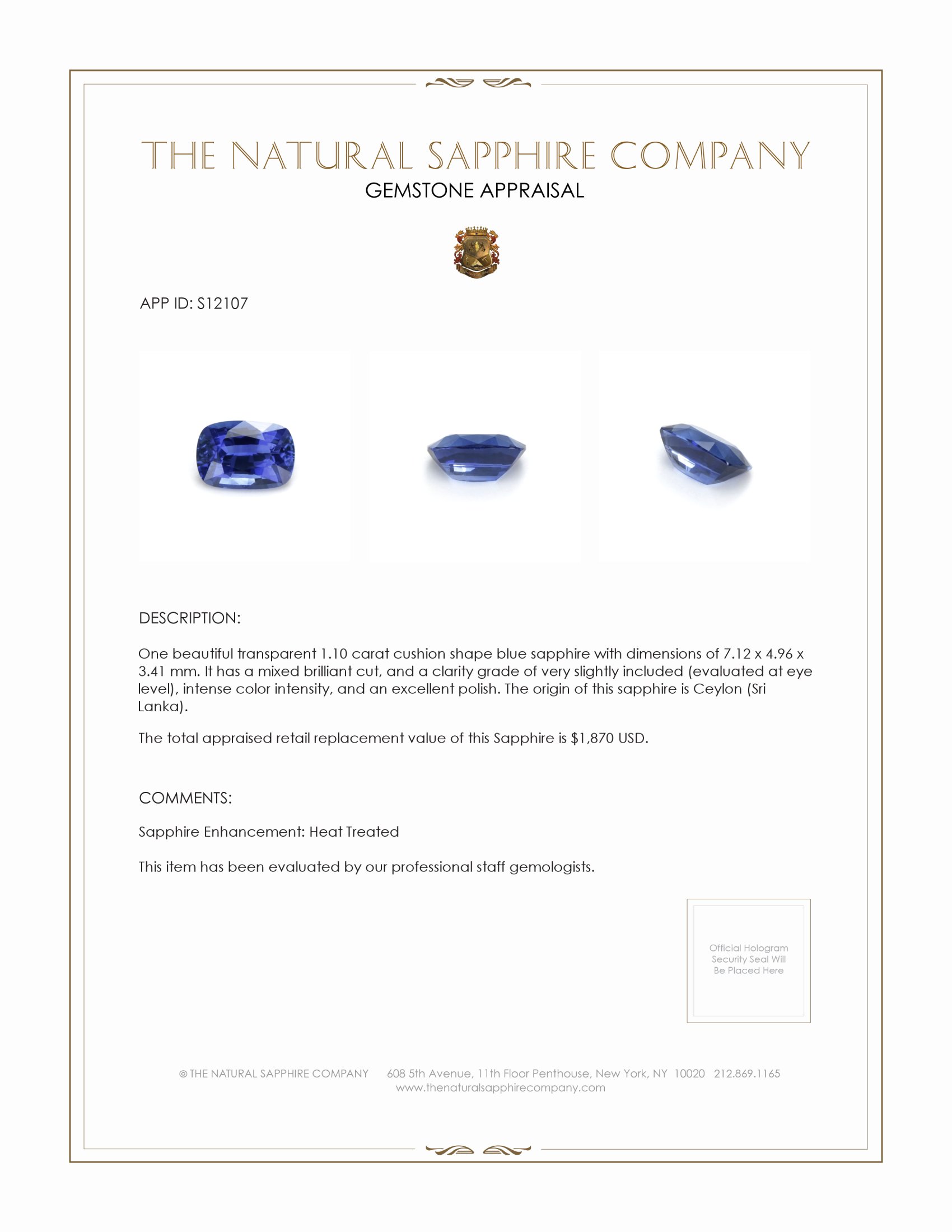 1.10 Ct. Blue Sapphire from Ceylon (Sri Lanka)