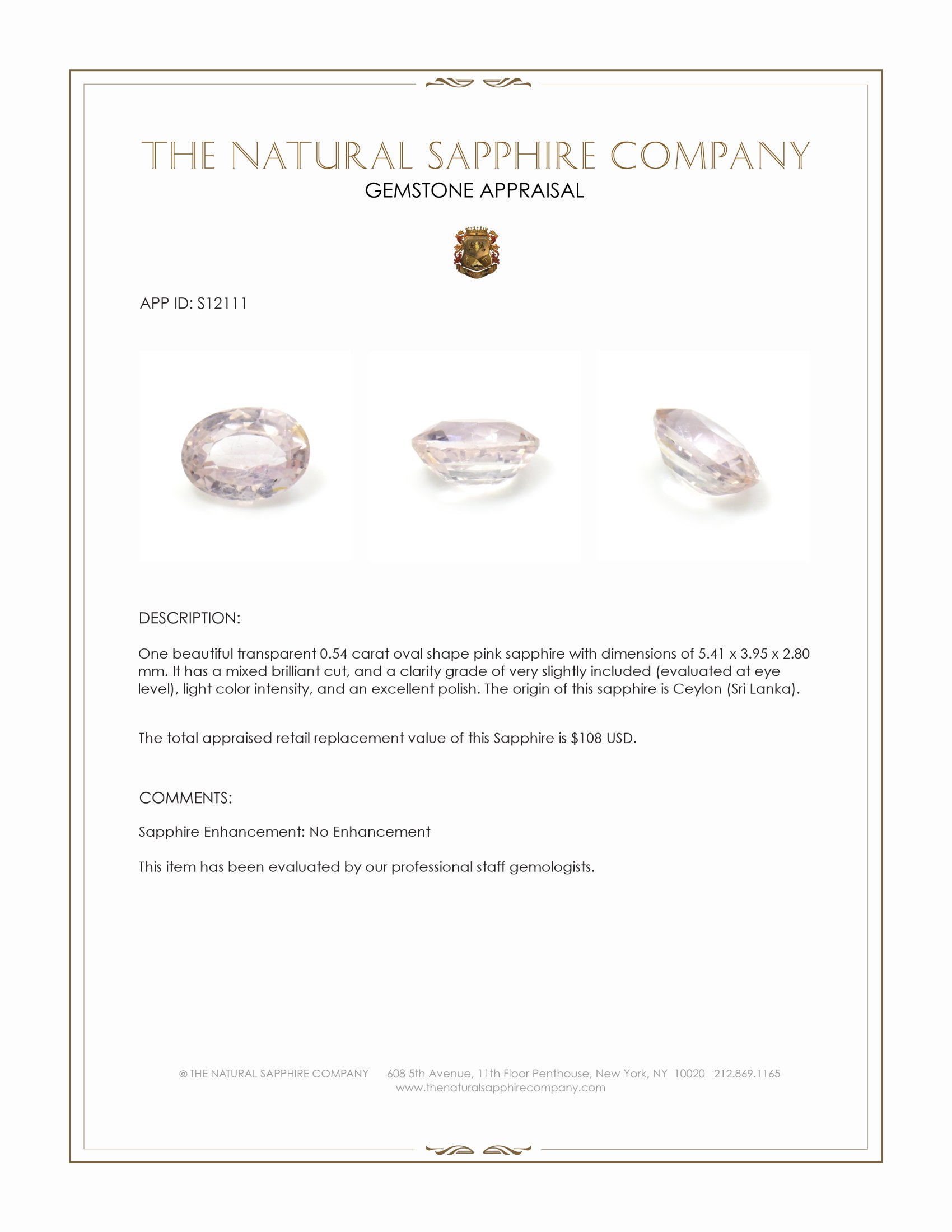 0.54 Ct. Pink Sapphire from Ceylon (Sri Lanka)