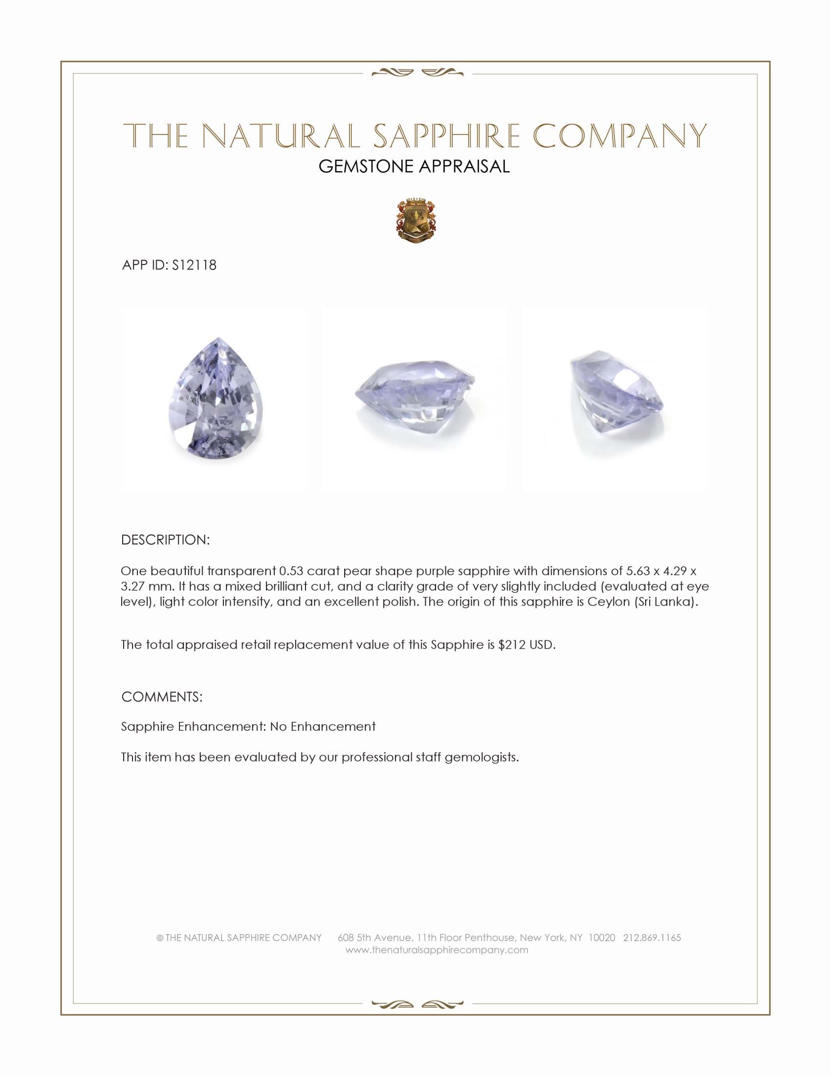 0.53 Ct. Purple Sapphire from Ceylon (Sri Lanka)