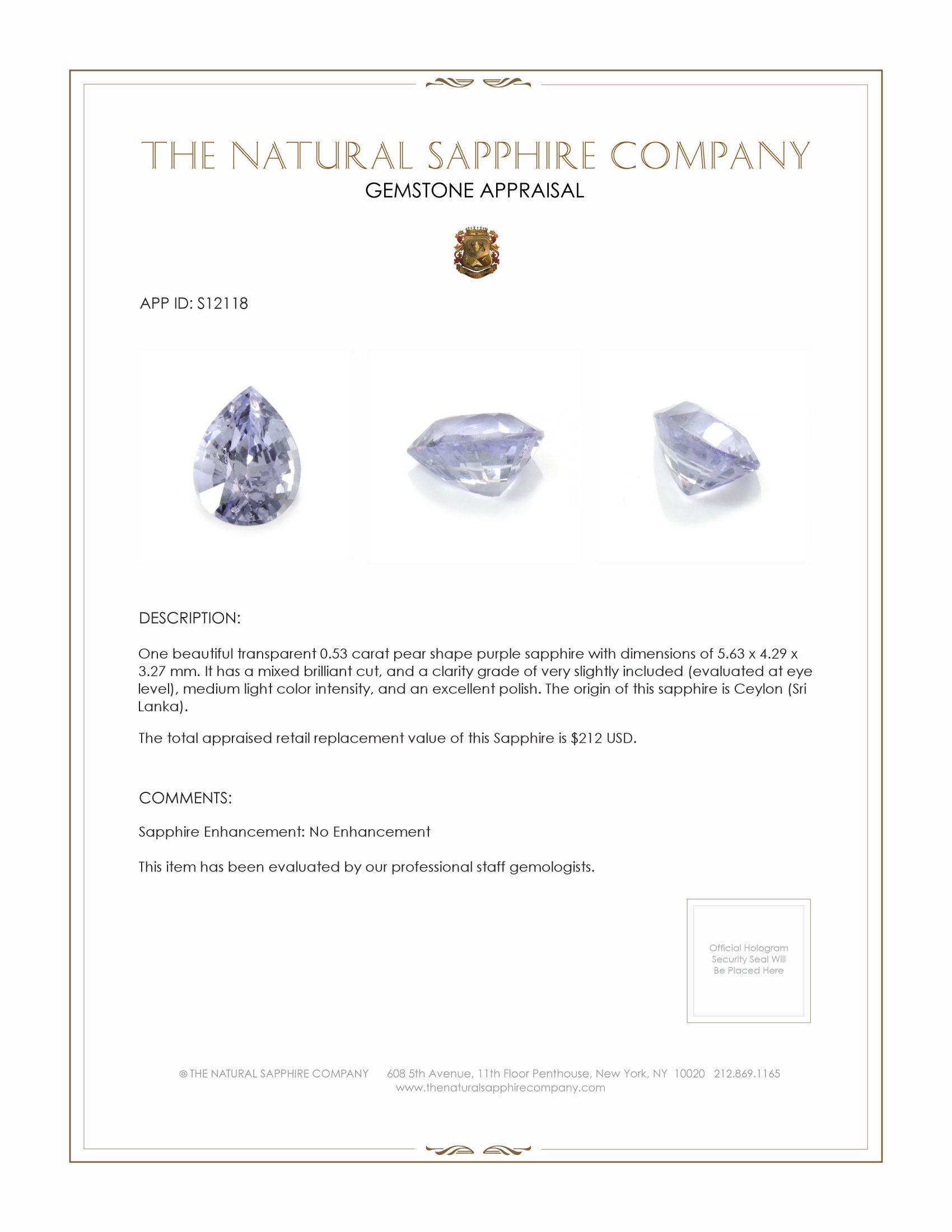 0.53 Ct. Purple Sapphire from Ceylon (Sri Lanka)