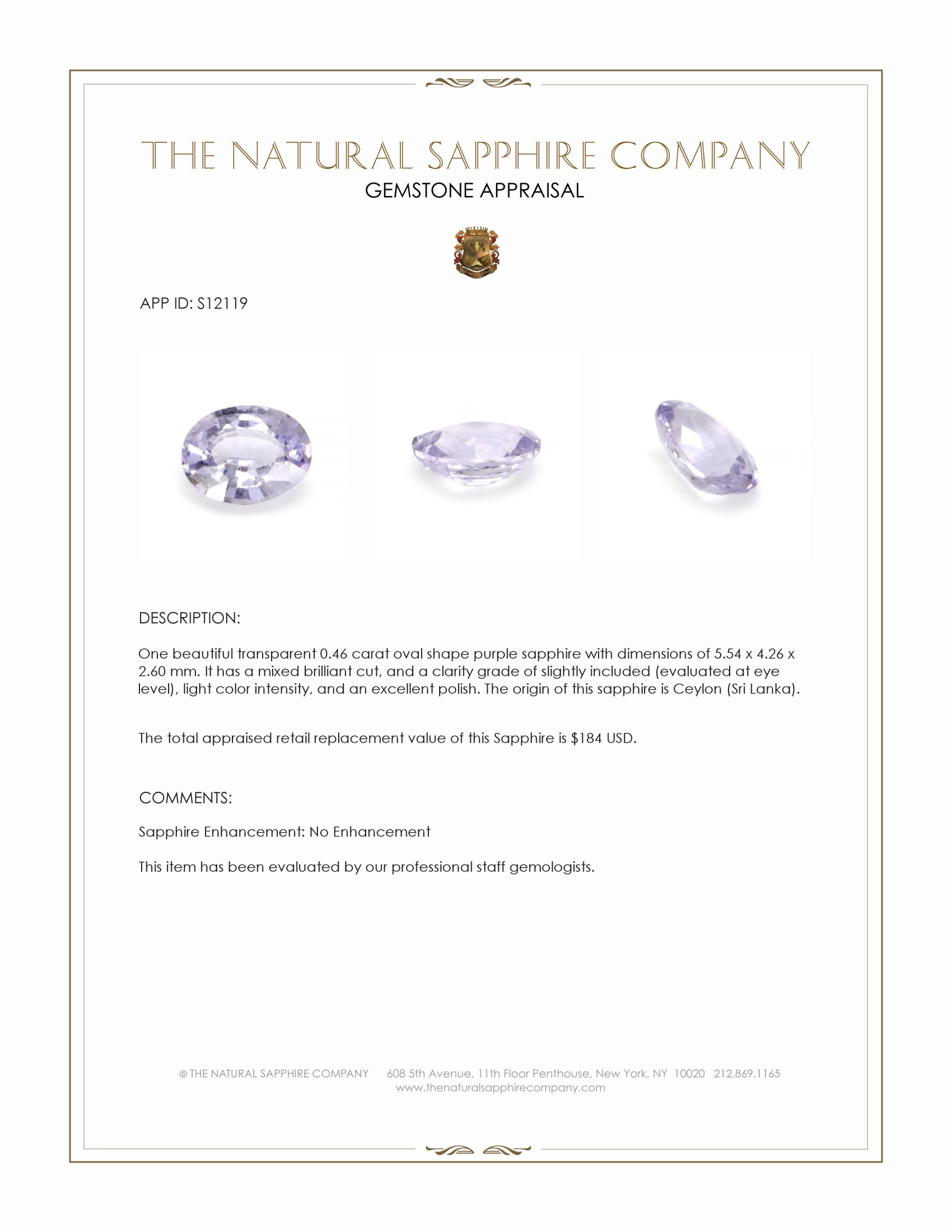 0.46 Ct. Purple Sapphire from Ceylon (Sri Lanka)