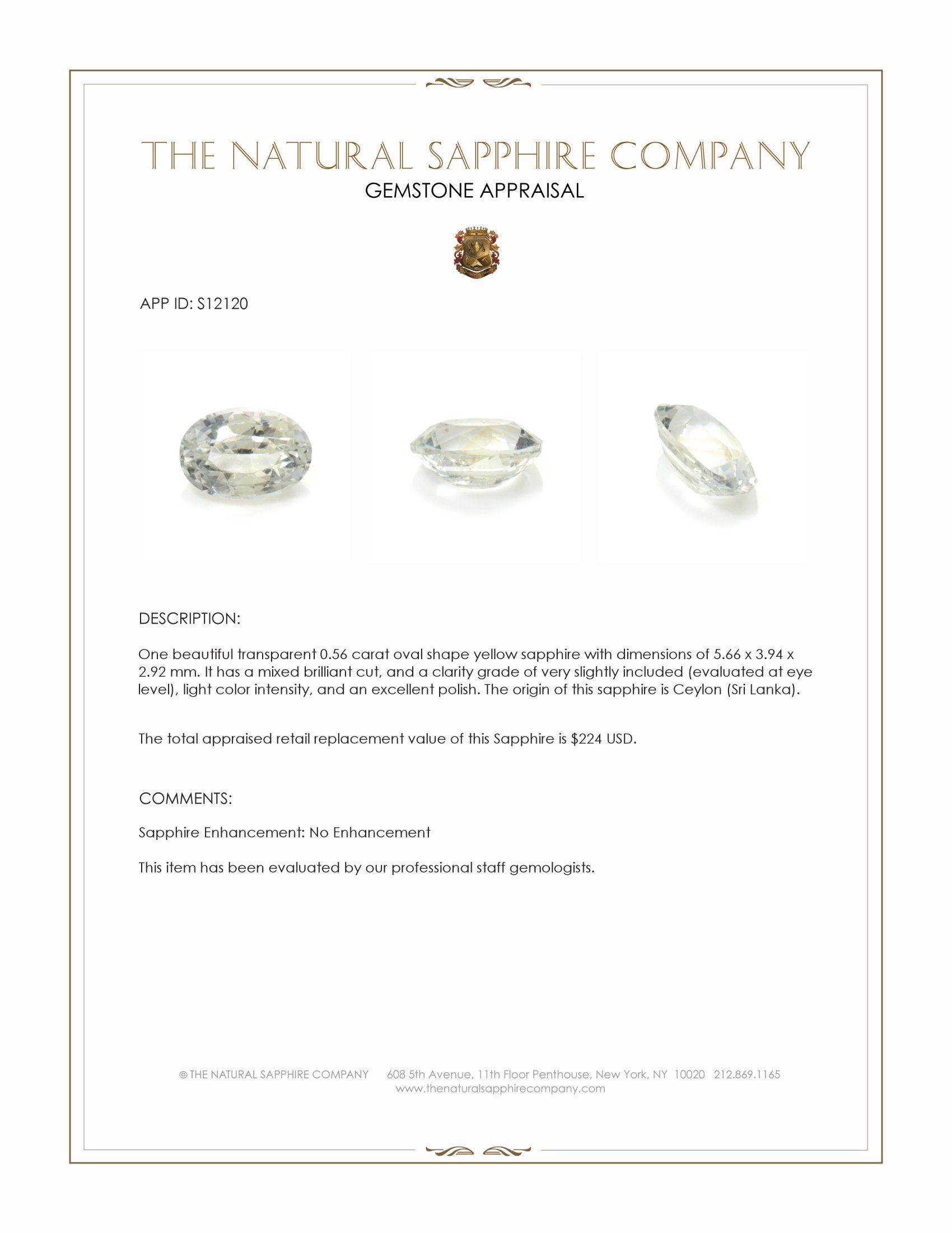 0.56 Ct. Yellow Sapphire from Ceylon (Sri Lanka)