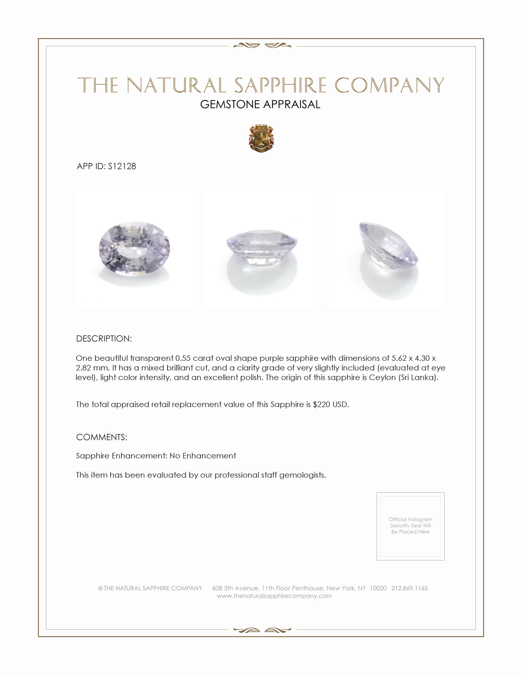 0.55 Ct. Purple Sapphire from Ceylon (Sri Lanka)