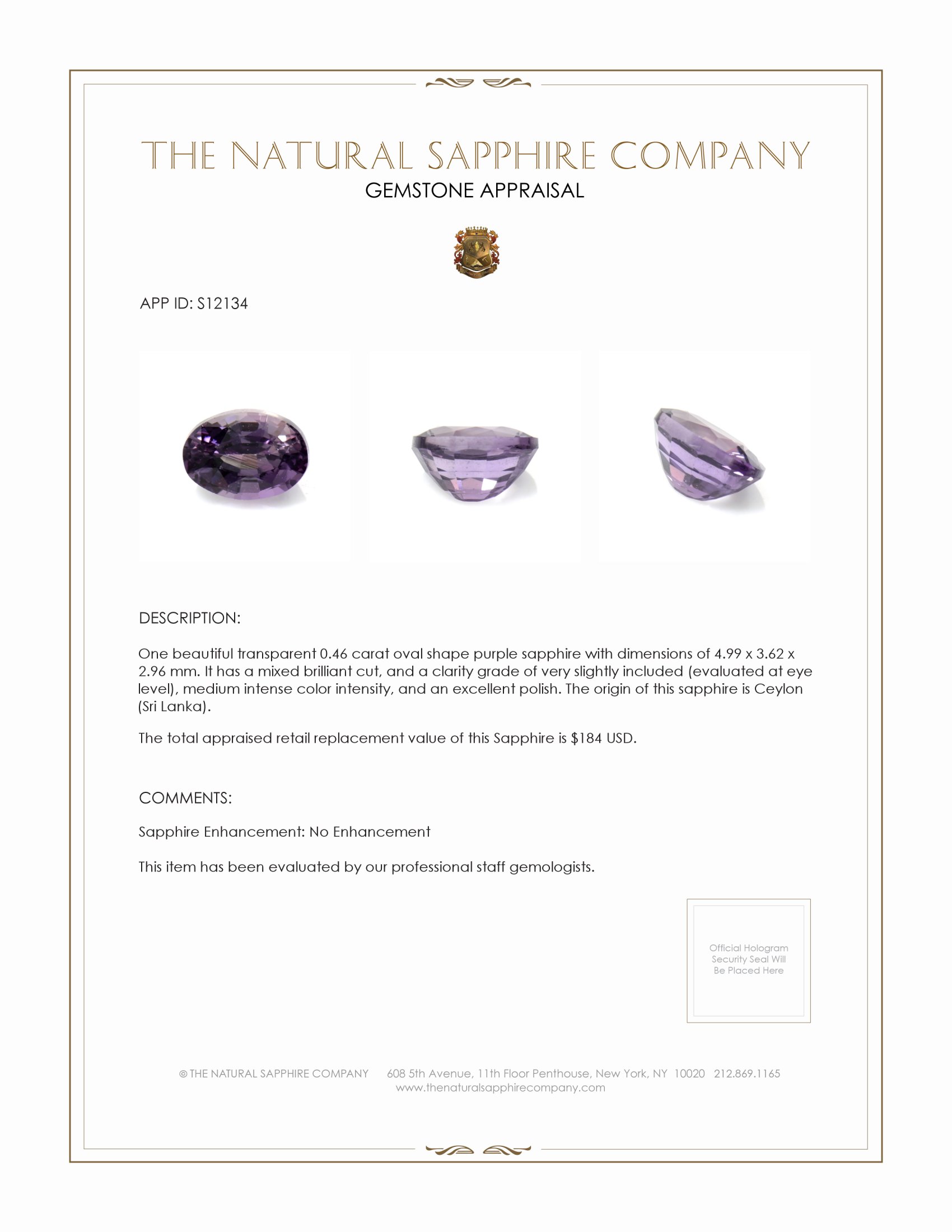 0.46 Ct. Purple Sapphire from Ceylon (Sri Lanka)
