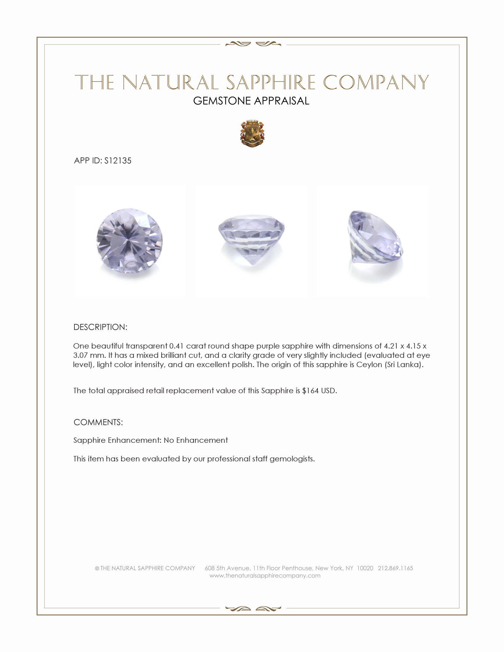 0.41 Ct. Purple Sapphire from Ceylon (Sri Lanka)