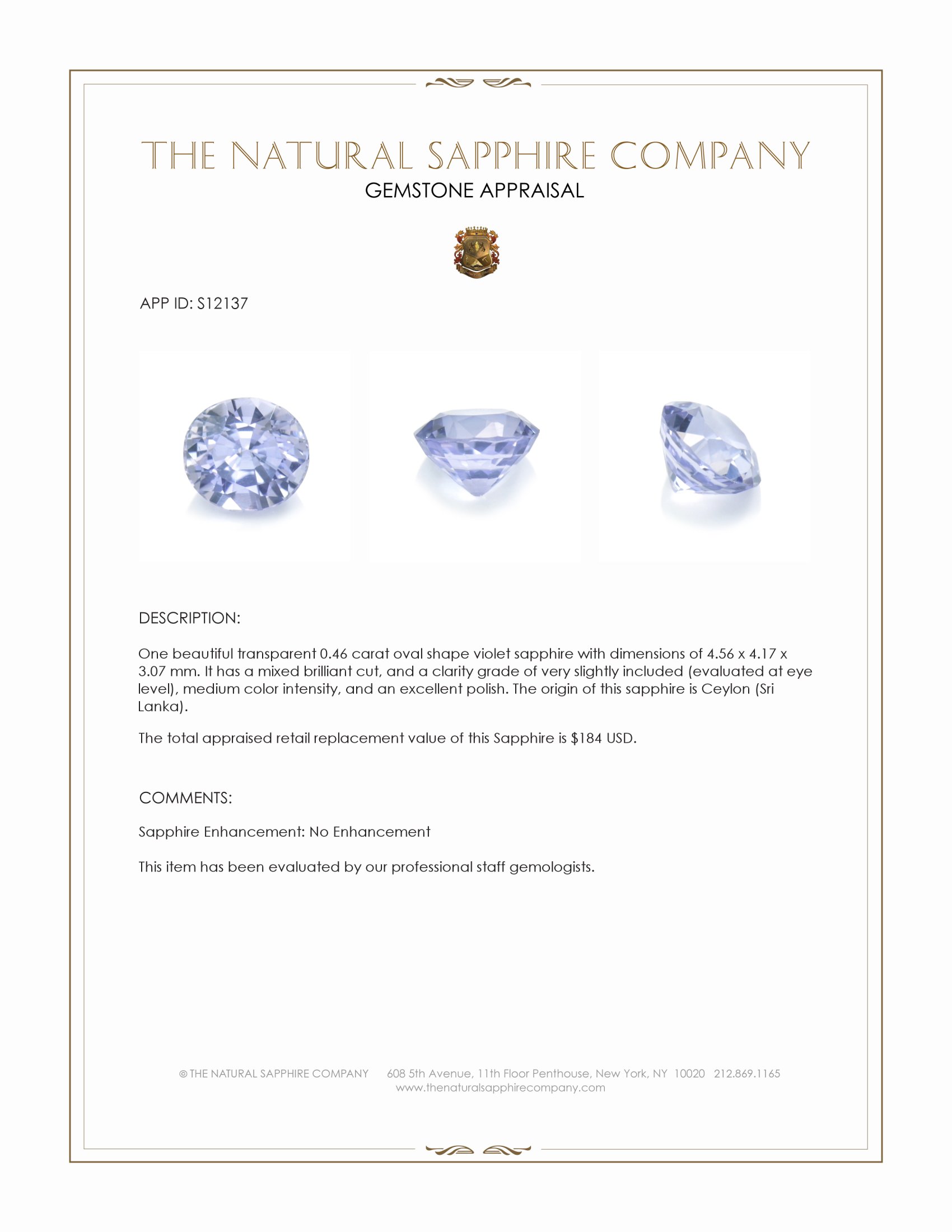 0.46 Ct. Violet Sapphire from Ceylon (Sri Lanka)