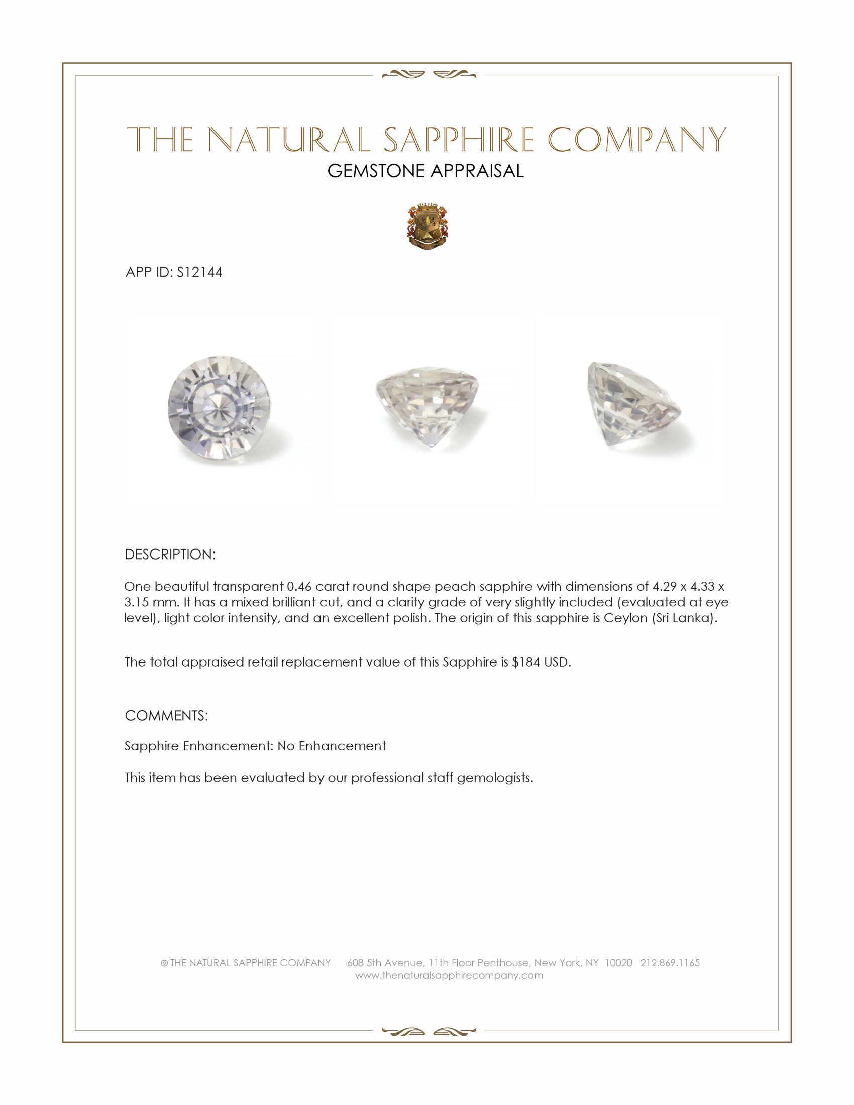 0.46 Ct. Peach Sapphire from Ceylon (Sri Lanka)