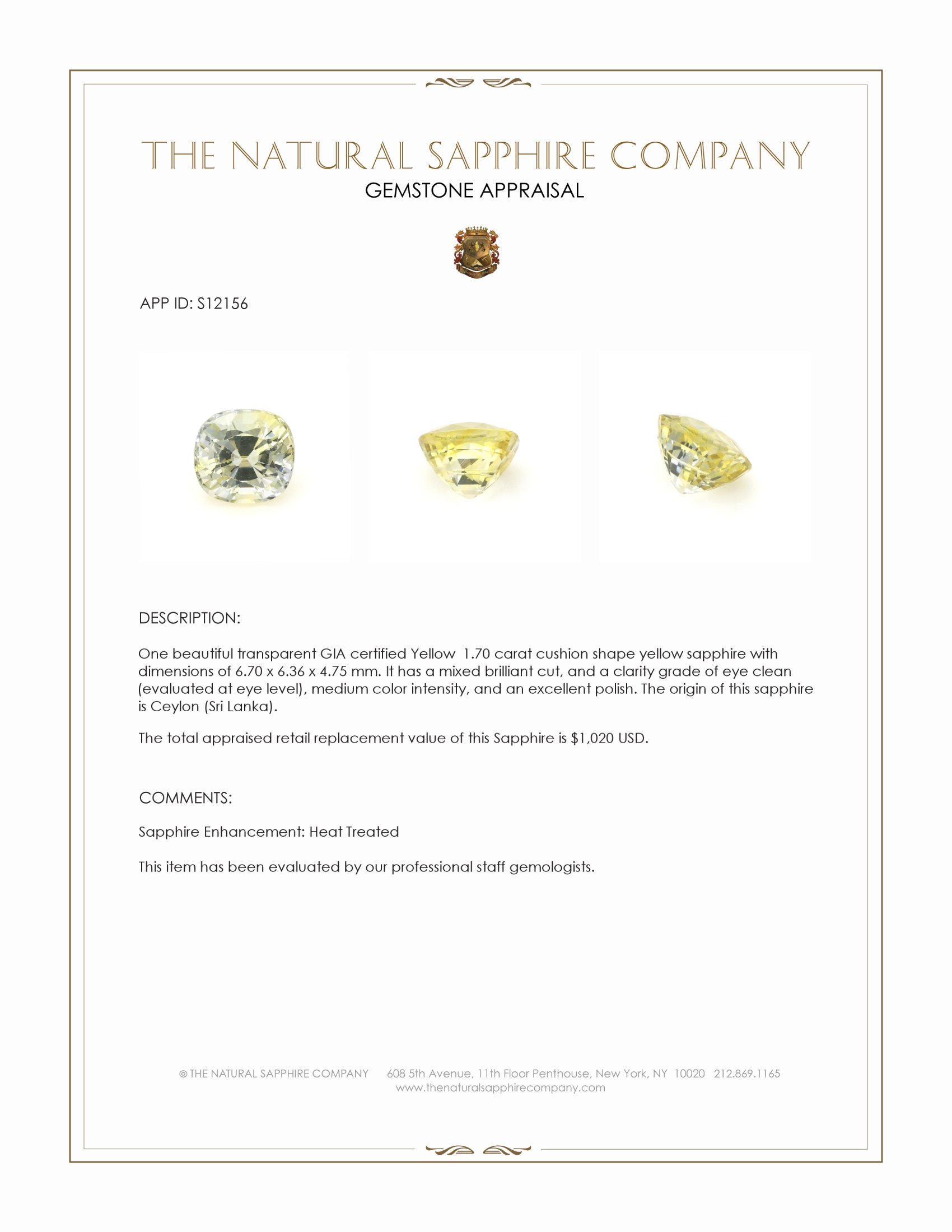 1.70 Ct. Yellow Sapphire from Ceylon (Sri Lanka)