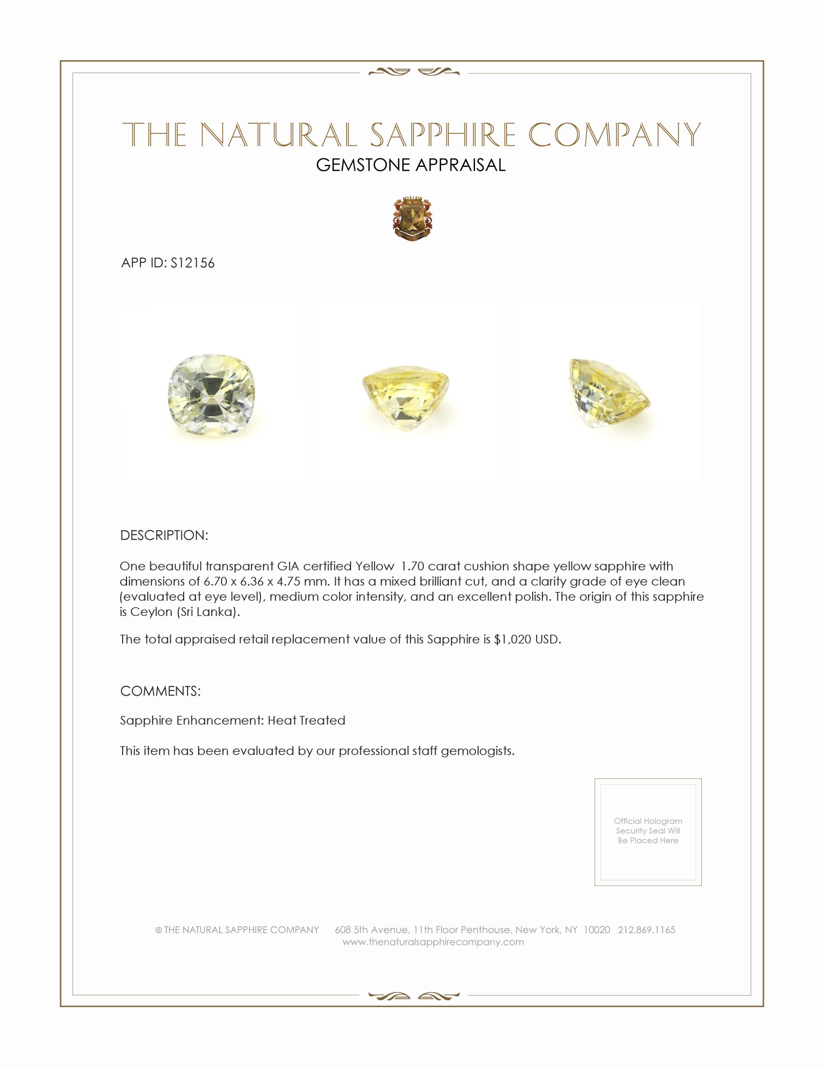 1.70 Ct. Yellow Sapphire from Ceylon (Sri Lanka)