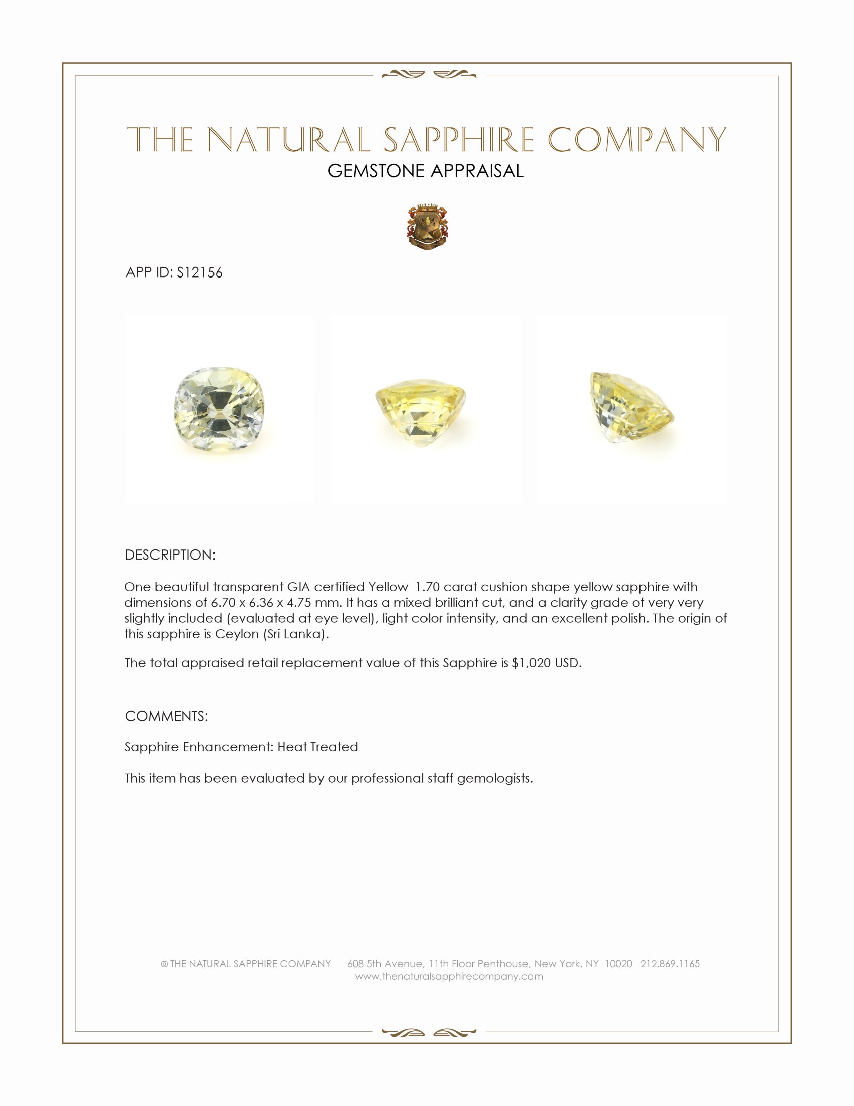 1.70 Ct. Yellow Sapphire from Ceylon (Sri Lanka)