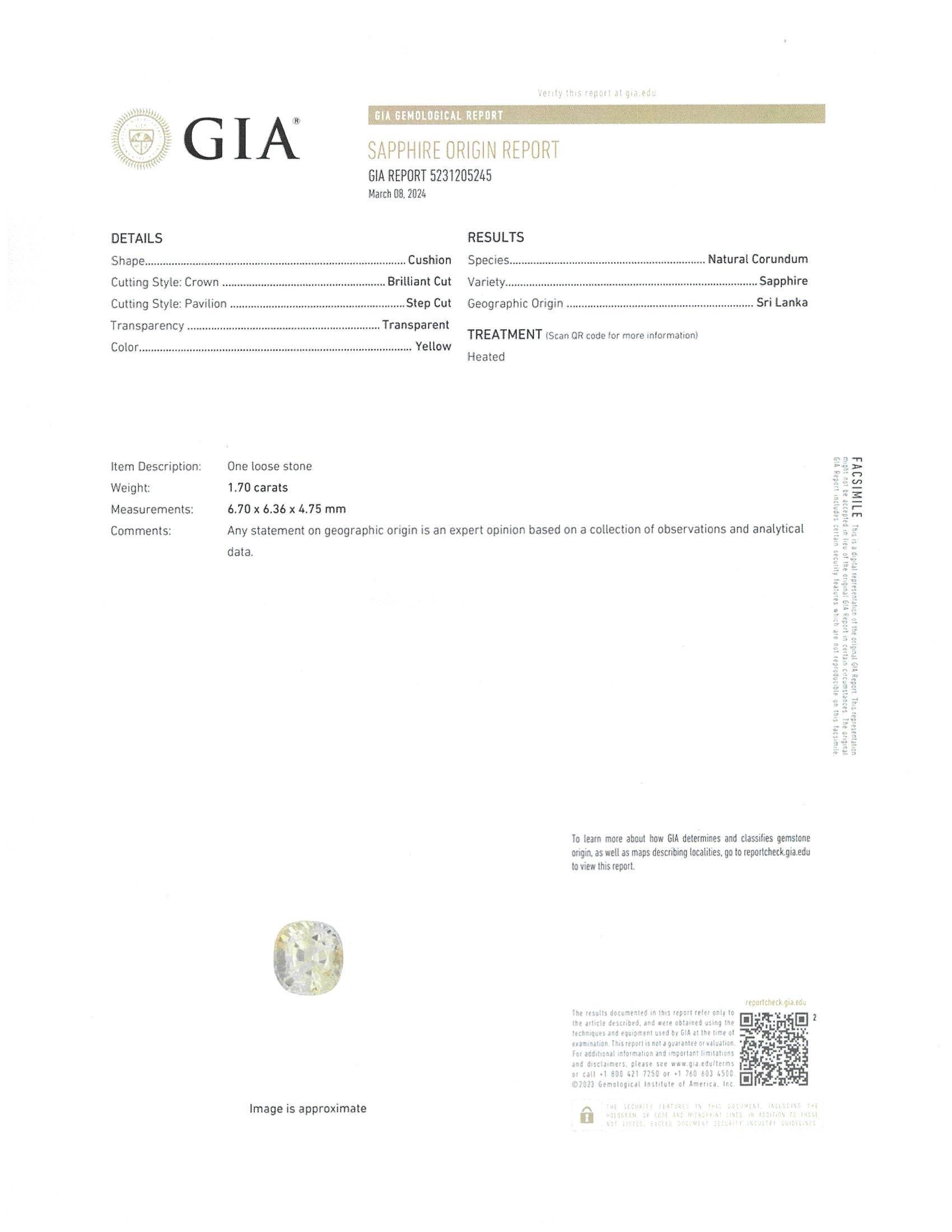 1.70 Ct. Yellow Sapphire from Ceylon (Sri Lanka)