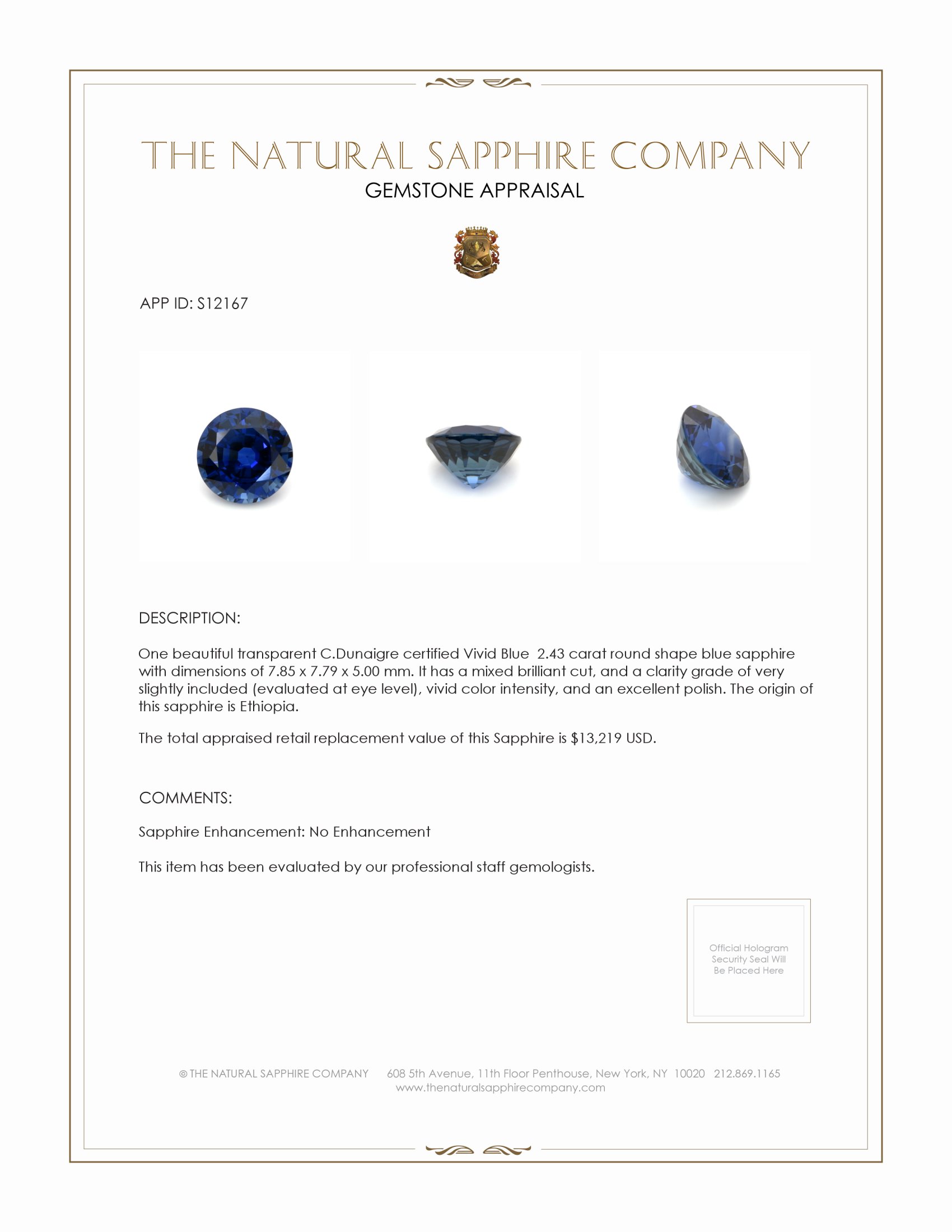 2.43 Ct. Blue Sapphire from Ethiopia