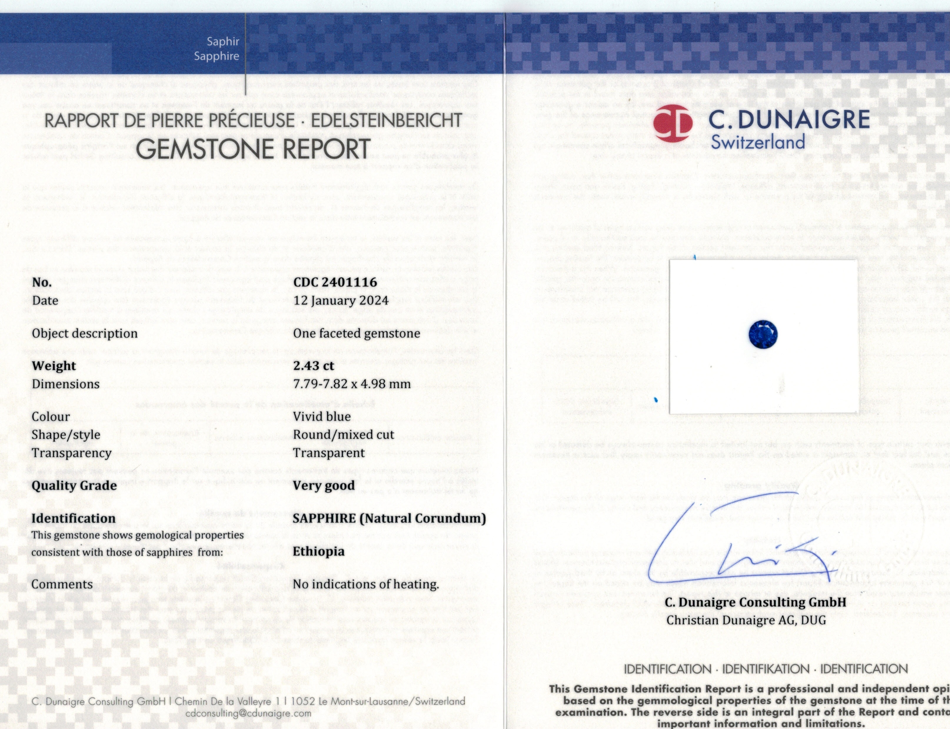 2.43 Ct. Blue Sapphire from Ethiopia