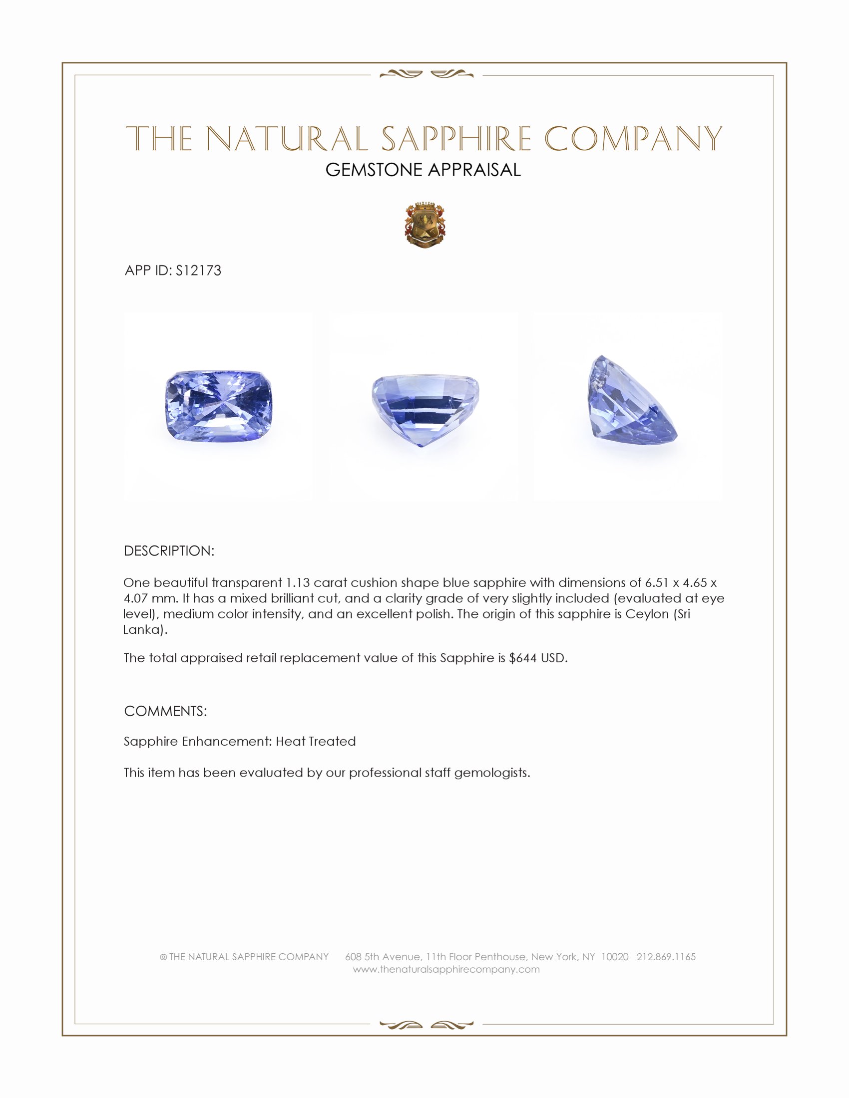1.13 Ct. Blue Sapphire from Ceylon (Sri Lanka)
