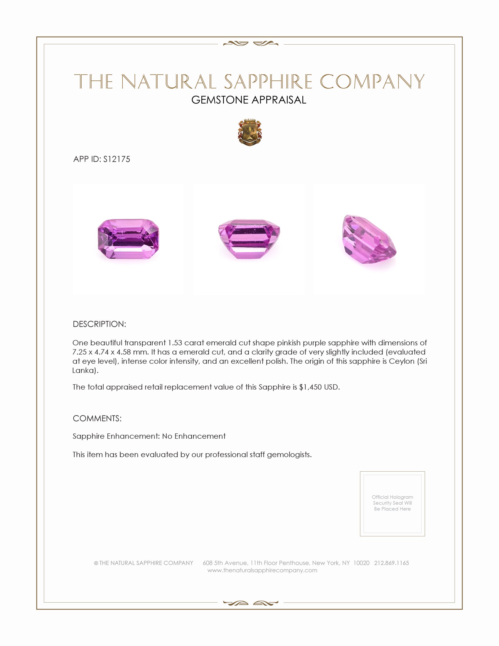 1.53 Ct. Pinkish Purple Sapphire from Ceylon (Sri Lanka)